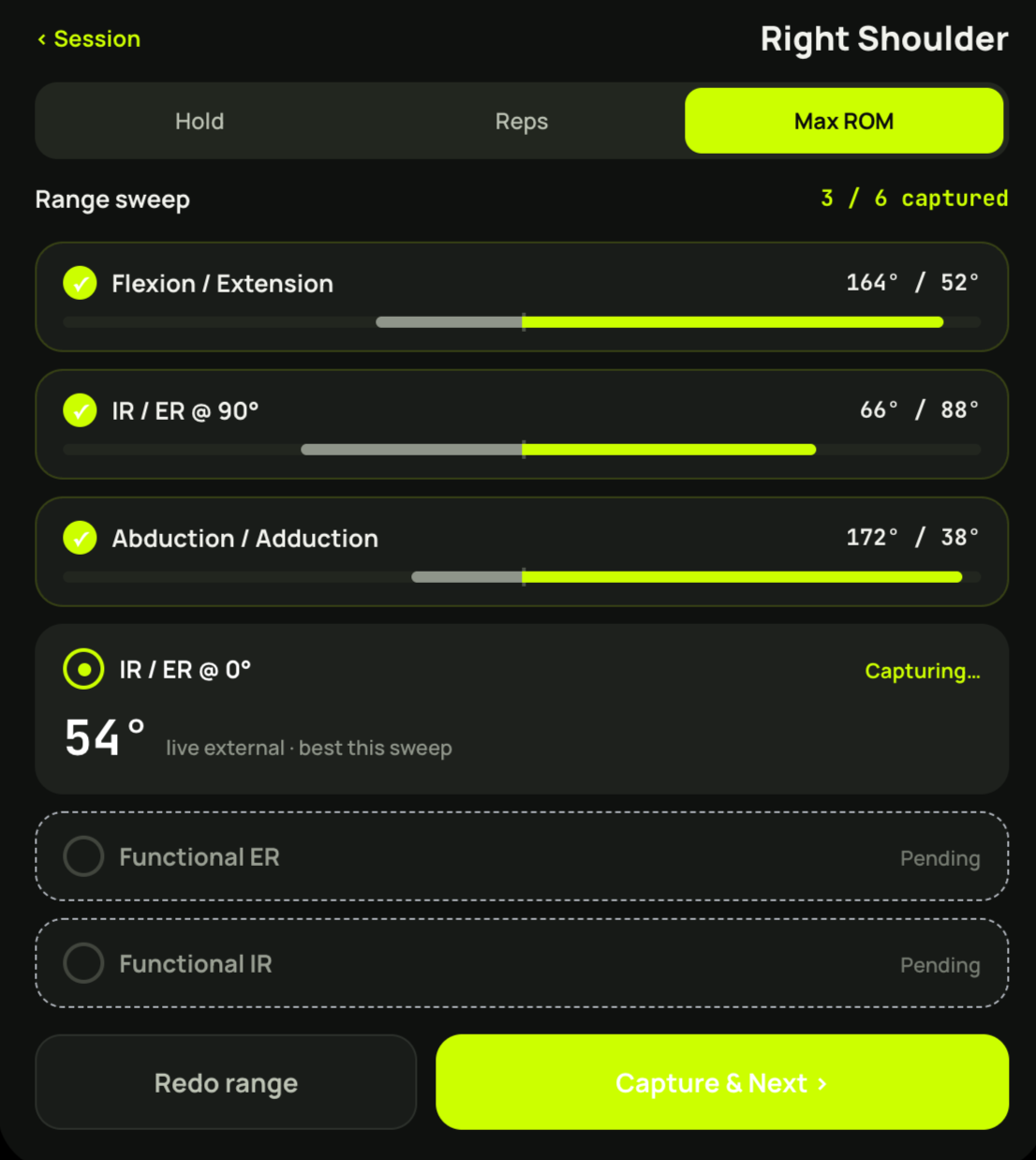 Kinny app measuring right shoulder range of motion — flexion, rotation, and abduction
