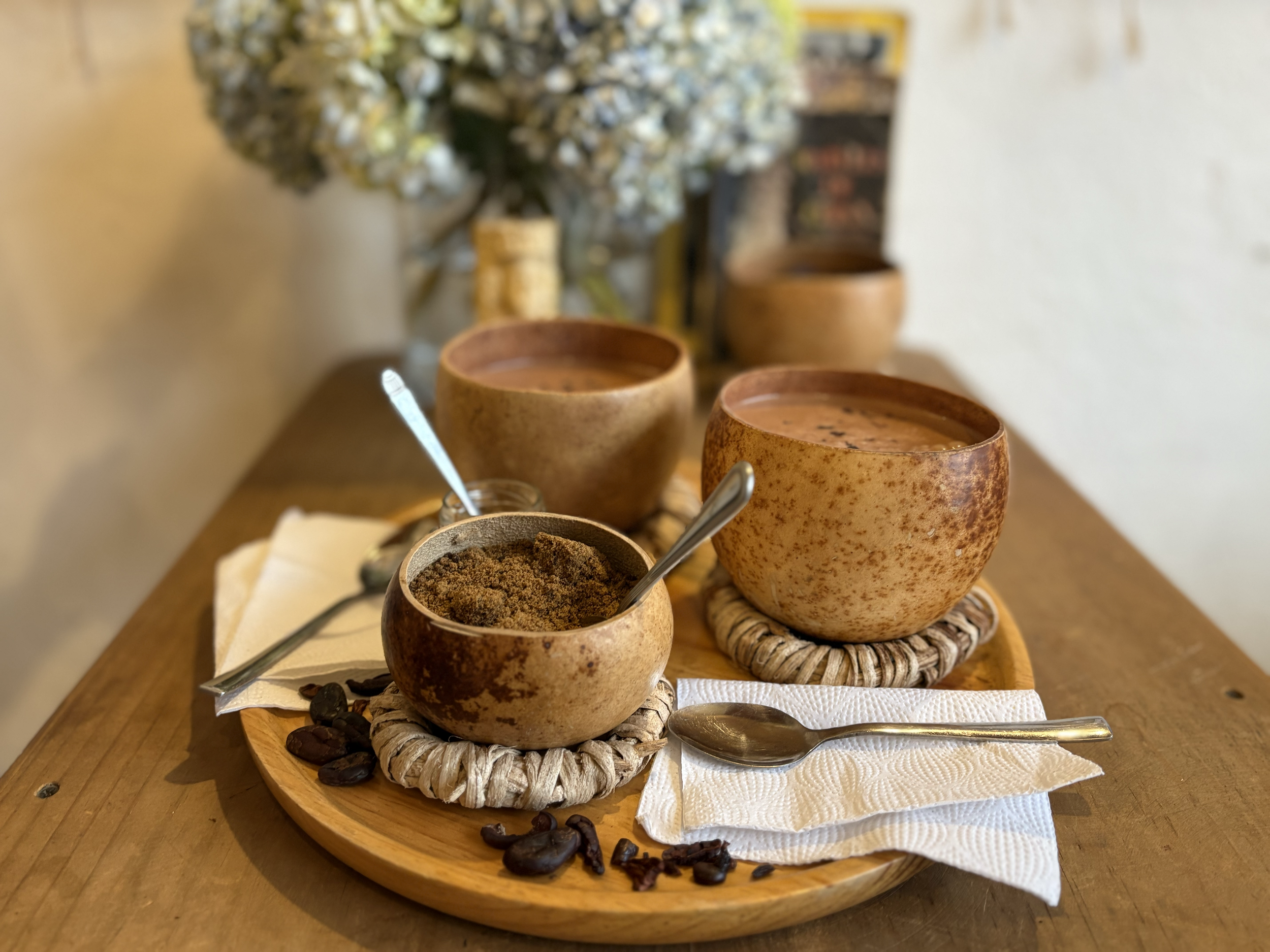 Cacao drinks prepared for a Christmas wellness retreat in Costa Rica