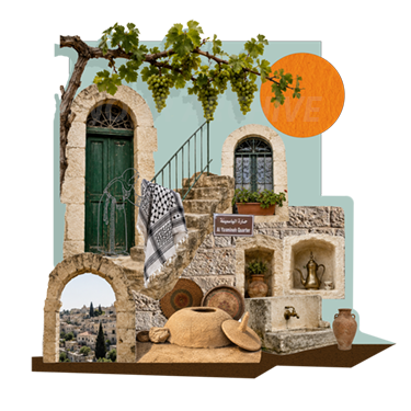 Digital collage featuring Palestinian stone architecture, an arched doorway, grapevine, keffiyeh, taboon, pottery, and elements of the traditional Palestinian home.