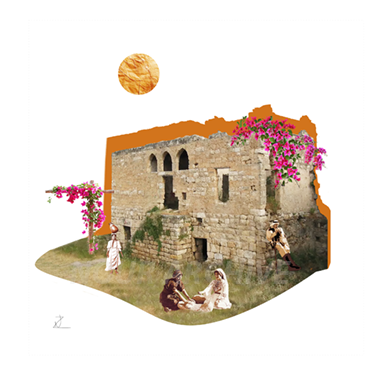 Digital collage of a traditional Palestinian stone house with figures, landscape, and bougainvillea.