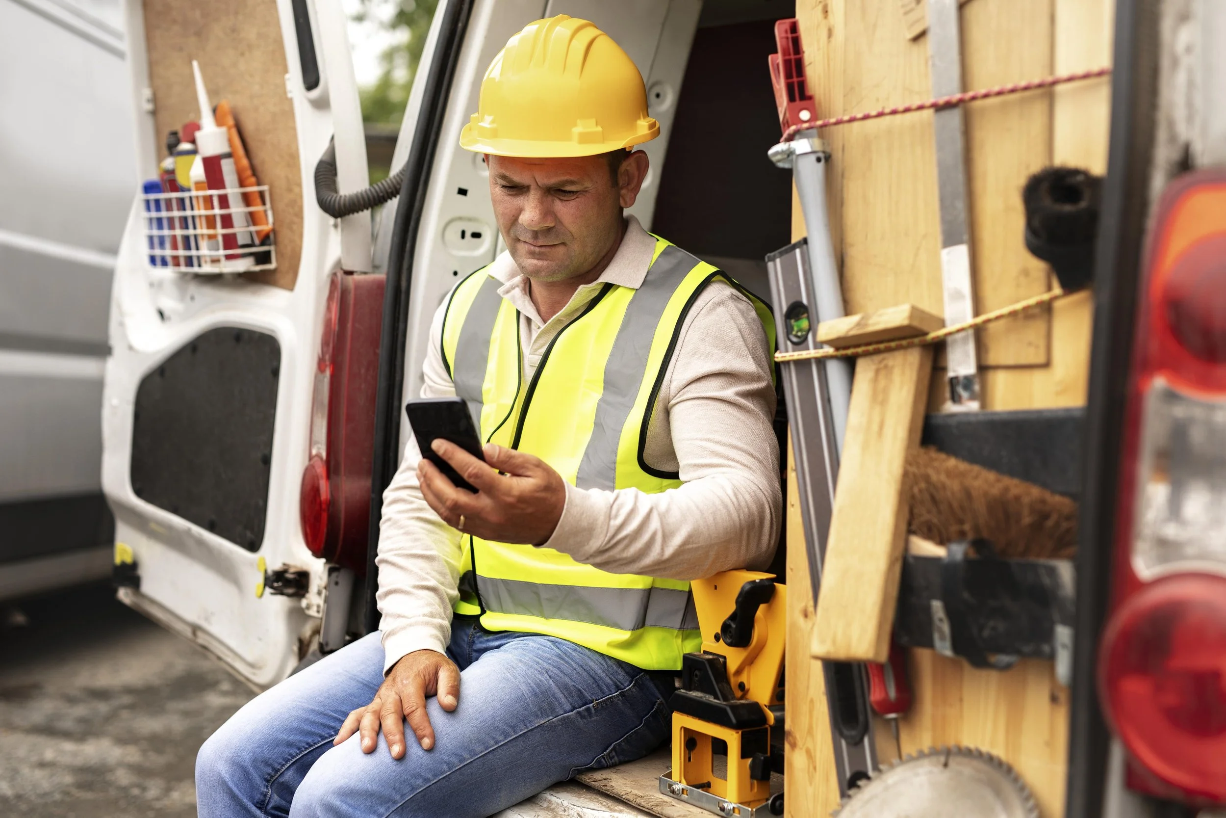 A man wearing a yellow safety helmet and reflective vest sitting in the back of a service vehicle, looking at his phone, with work tools and a ladder inside the vehicle.