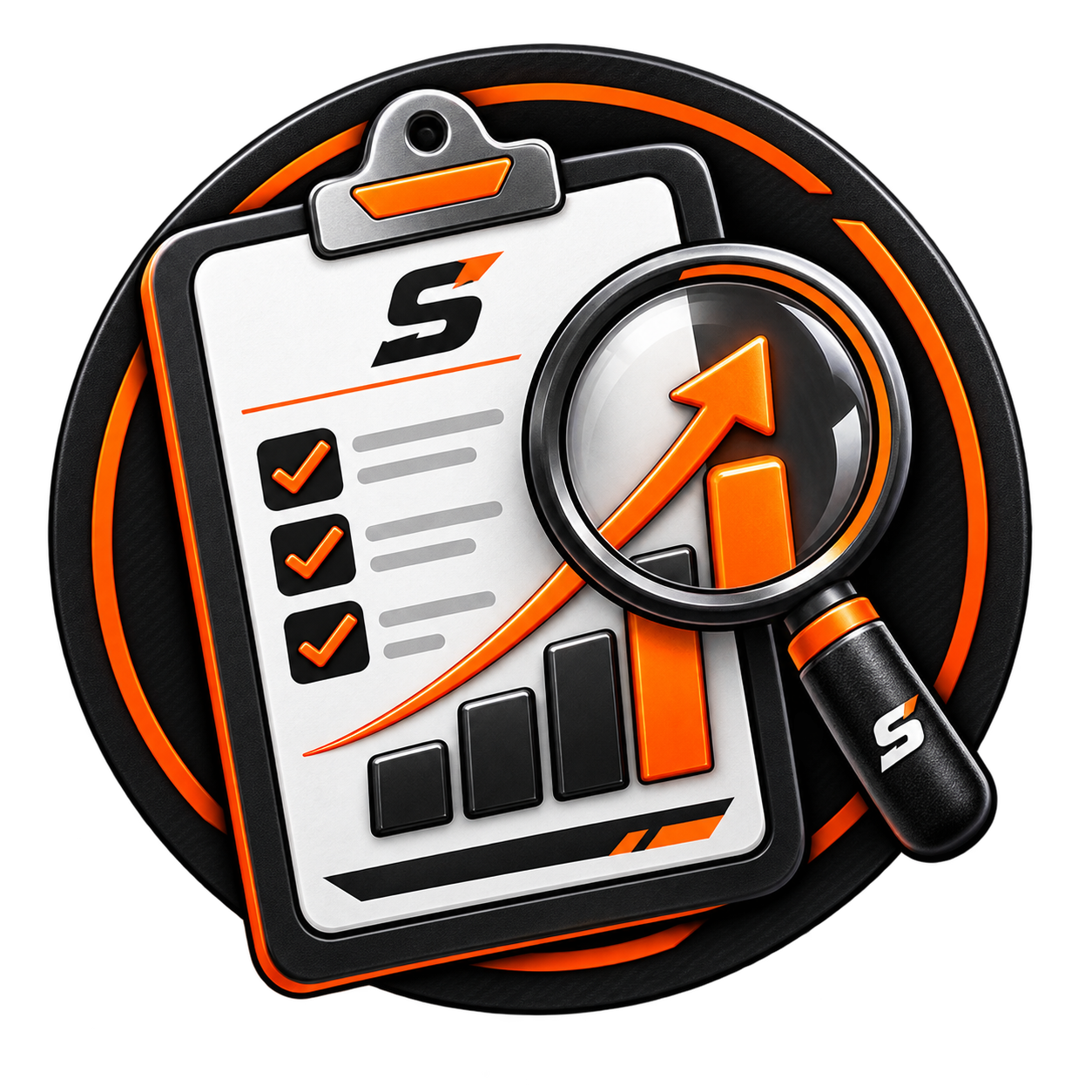 A graphic of a clipboard with checkmarks and a chart showing increasing bars and a rising arrow, with a magnifying glass emphasizing the upward trend.