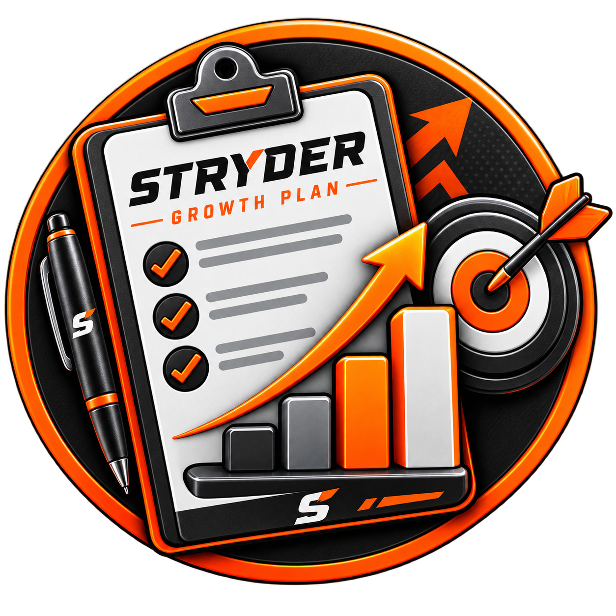 A graphic with a clipboard titled "Stryder Growth Plan," a pen, an upward trending arrow, bar graphs, a target with an arrow, and checkmarks, symbolizing growth and goal achievement.