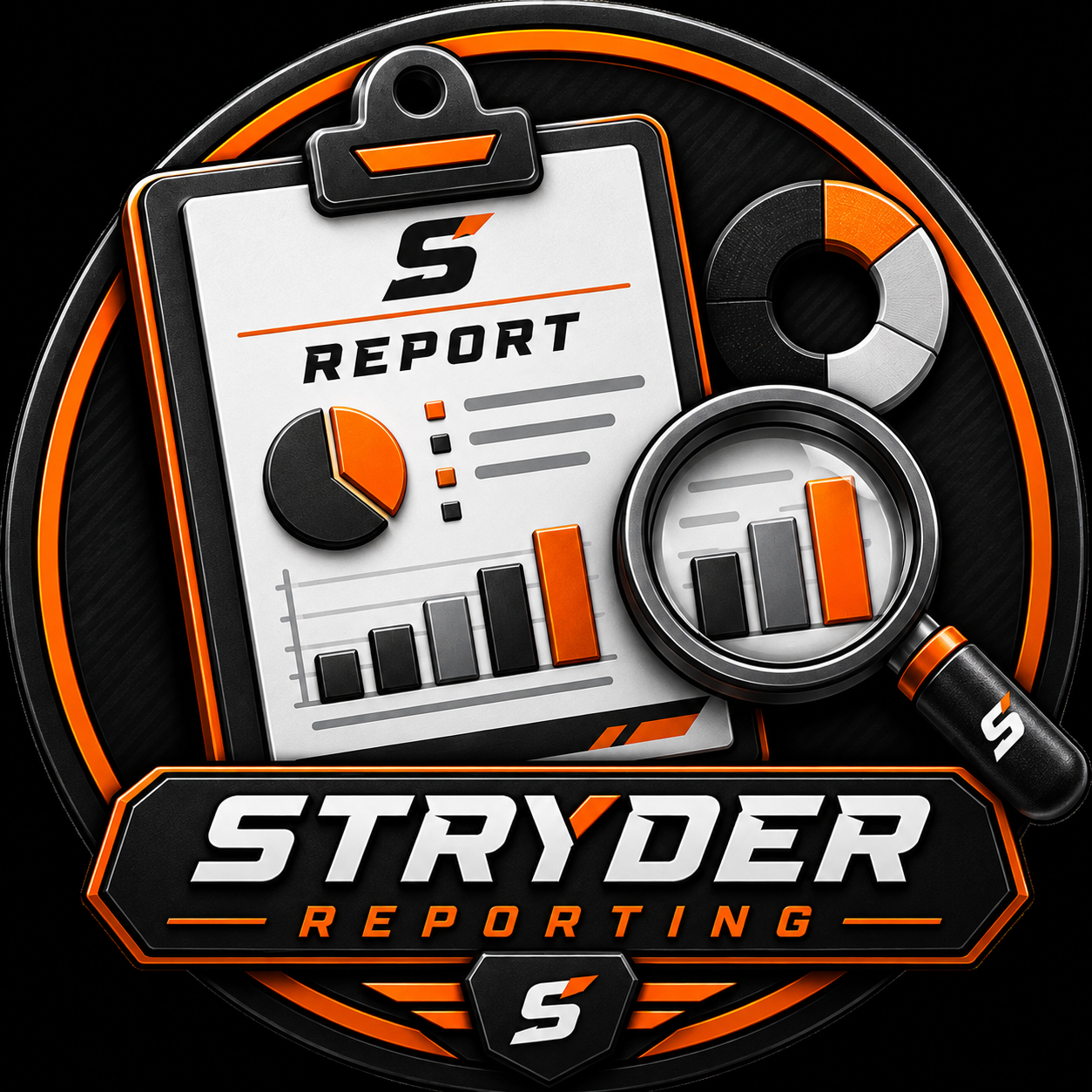 Stryder reporting logo featuring a clipboard with report data, a magnifying glass, and pie and bar charts in black, orange, and silver colors.
