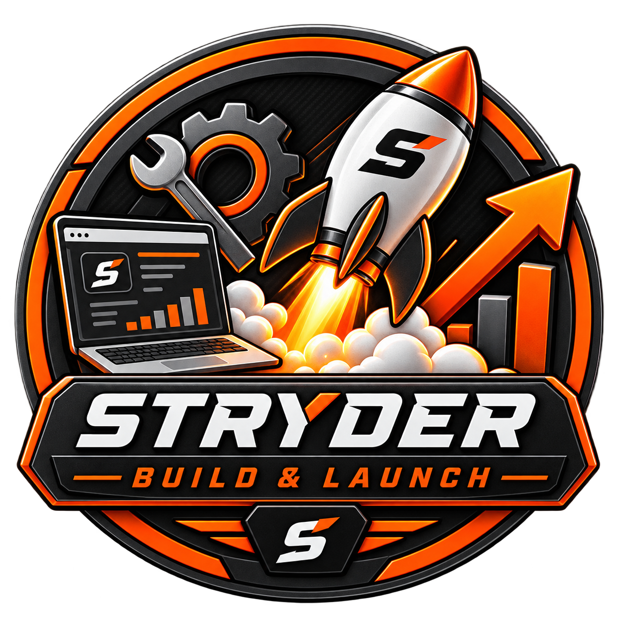 A logo with a rocket launching, a laptop showing analytics, a gear, a wrench, and upward trending arrows. The text reads 'Stryder Build & Launch' with orange, black, and white colors.