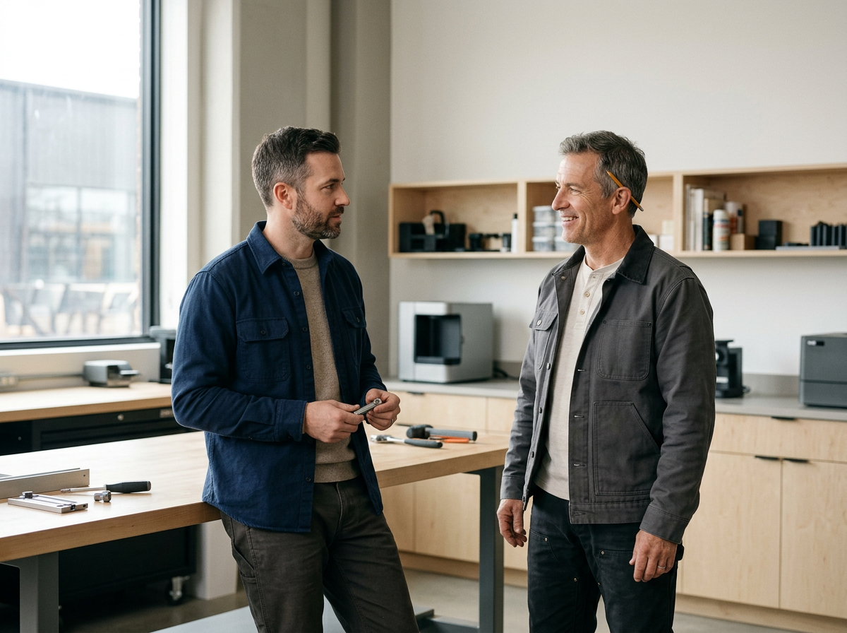 Two men having a conversation in a workspace with tools on the table and shelves with equipment in the background.