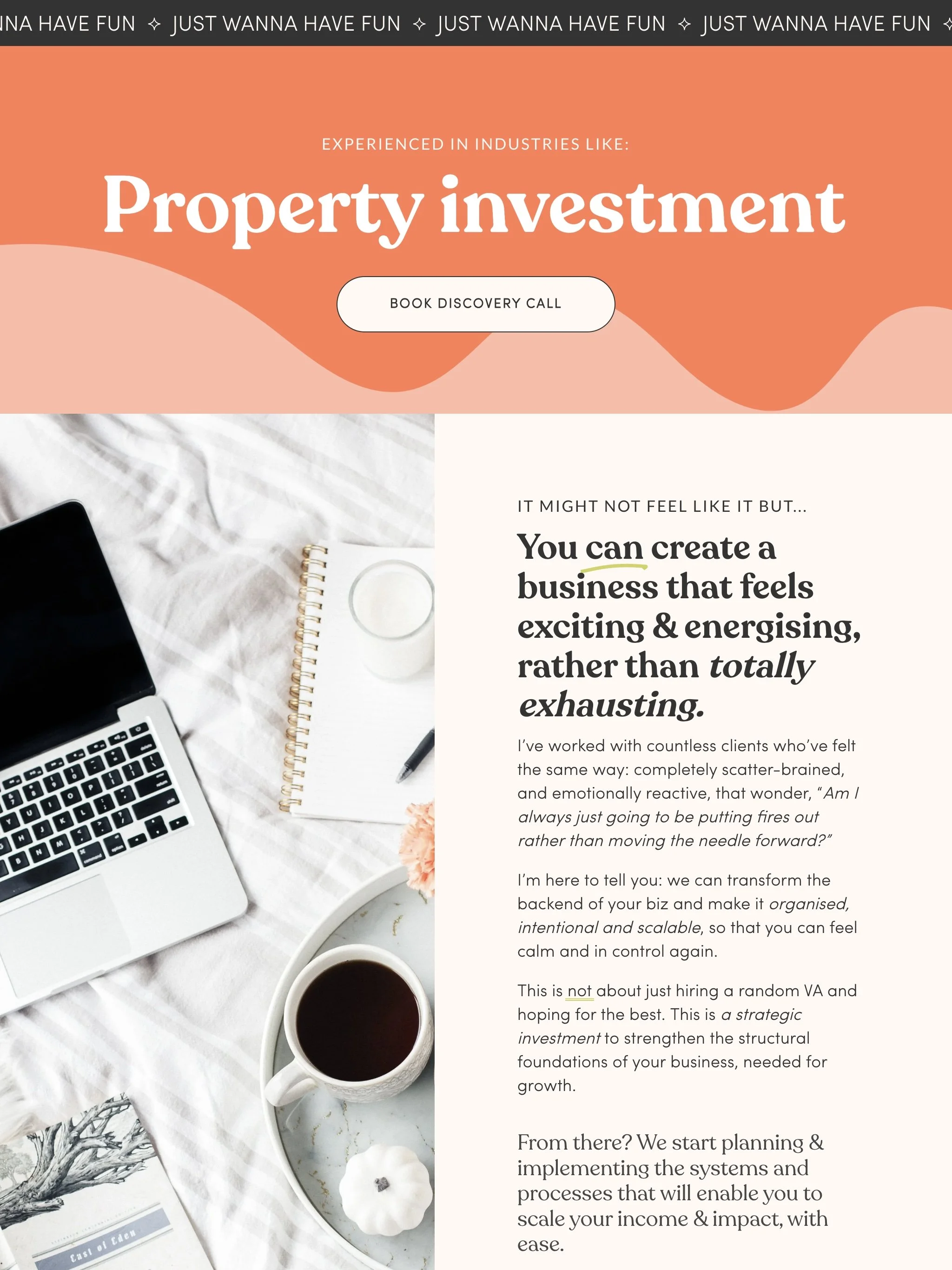 A website webpage featuring a bright orange background with the headline 'Property investment' and a button that says 'Book Discovery Call'. On a white table, there is a laptop, a notepad, a pen, two cups of coffee, and a small plate with a muffin. T