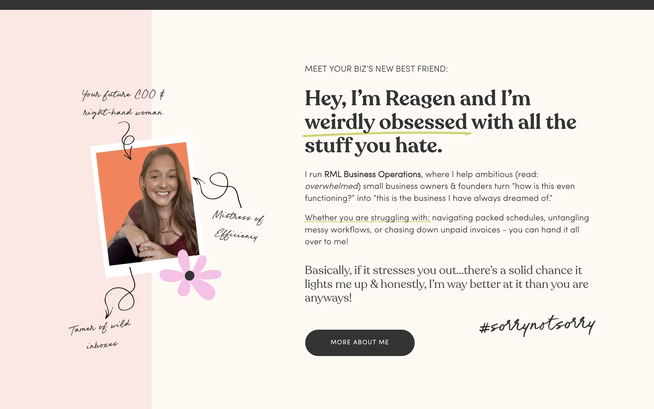 A digital profile page featuring a smiling woman with long brown hair, dressed in a maroon top, holding her hands together. The page includes playful handwritten notes, a pink flower illustration, and text introducing her as Reagen, the new best frie