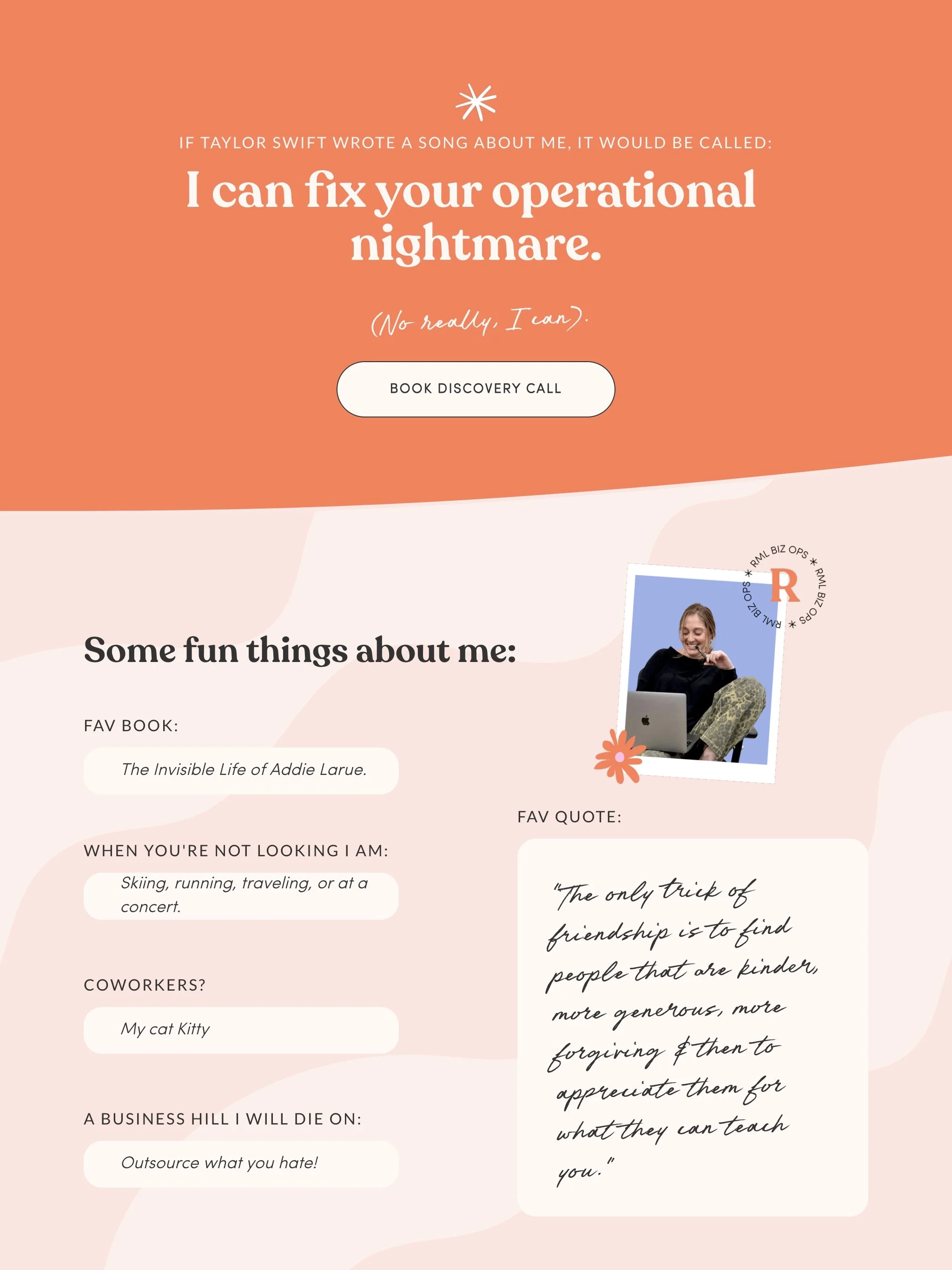 A colorful online personal profile webpage featuring humorous statements and questions about the user's personality, interests, and work habits. The page has a coral background with white and pastel pink accents, includes a photo of a smiling woman w
