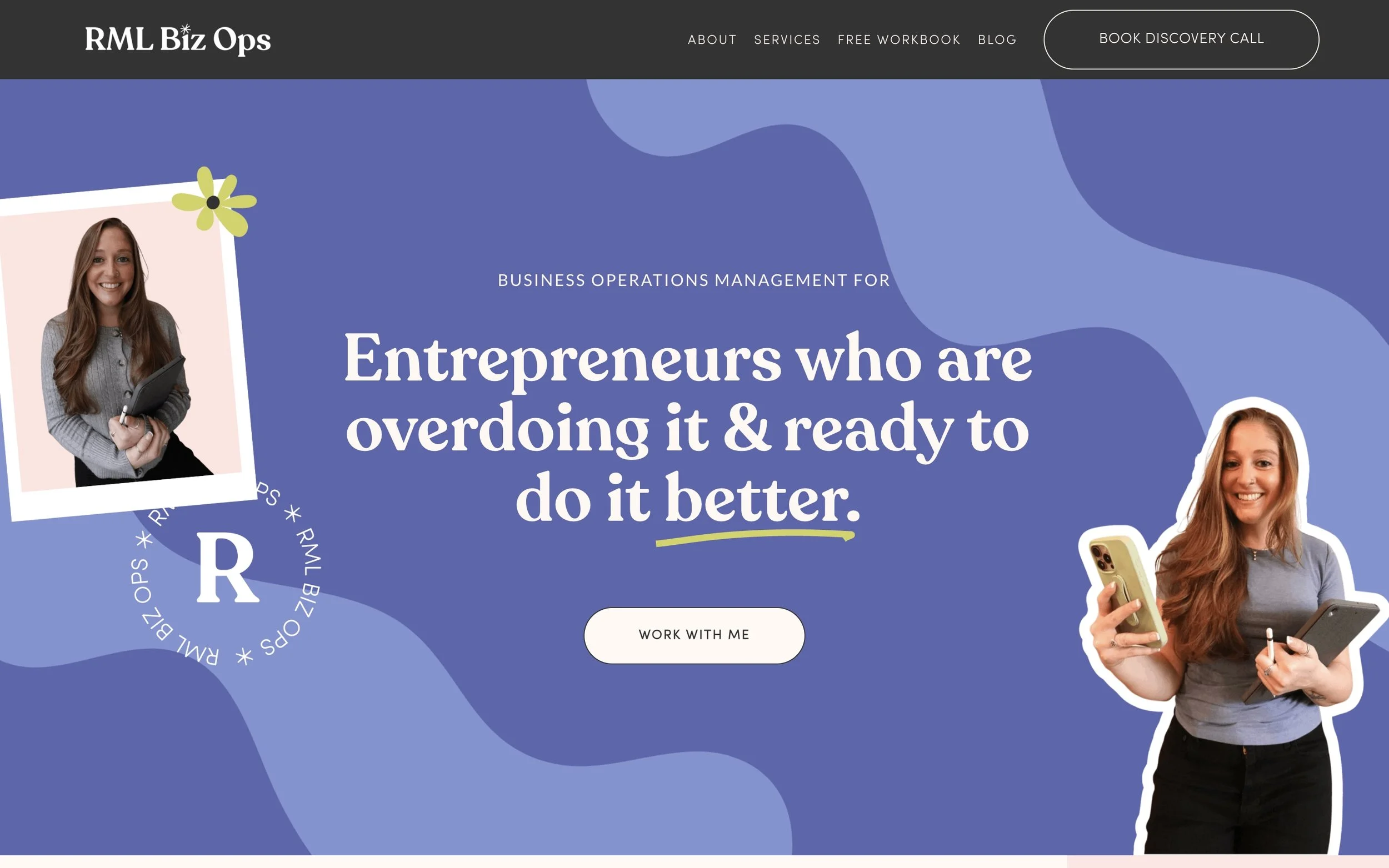 Screenshot of RML Biz Ops website homepage featuring a woman holding a tablet and a phone, with bold text about business operations management for entrepreneurs.