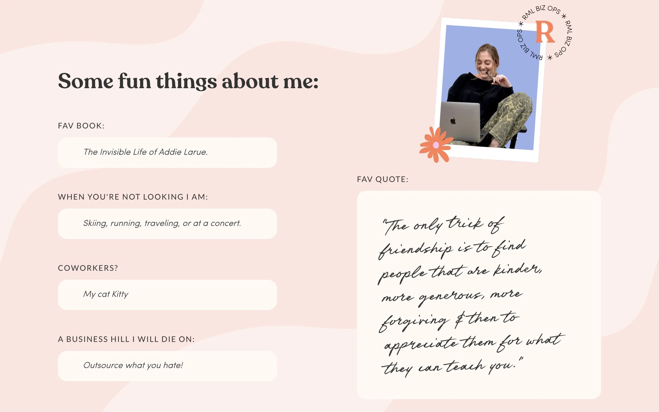 A pink and beige graphic design with a photo of a woman smiling, sitting with a laptop, and holding glasses. There are text sections listing fun facts, favorite book, coworker, and quotes, with decorative flower and circle elements.