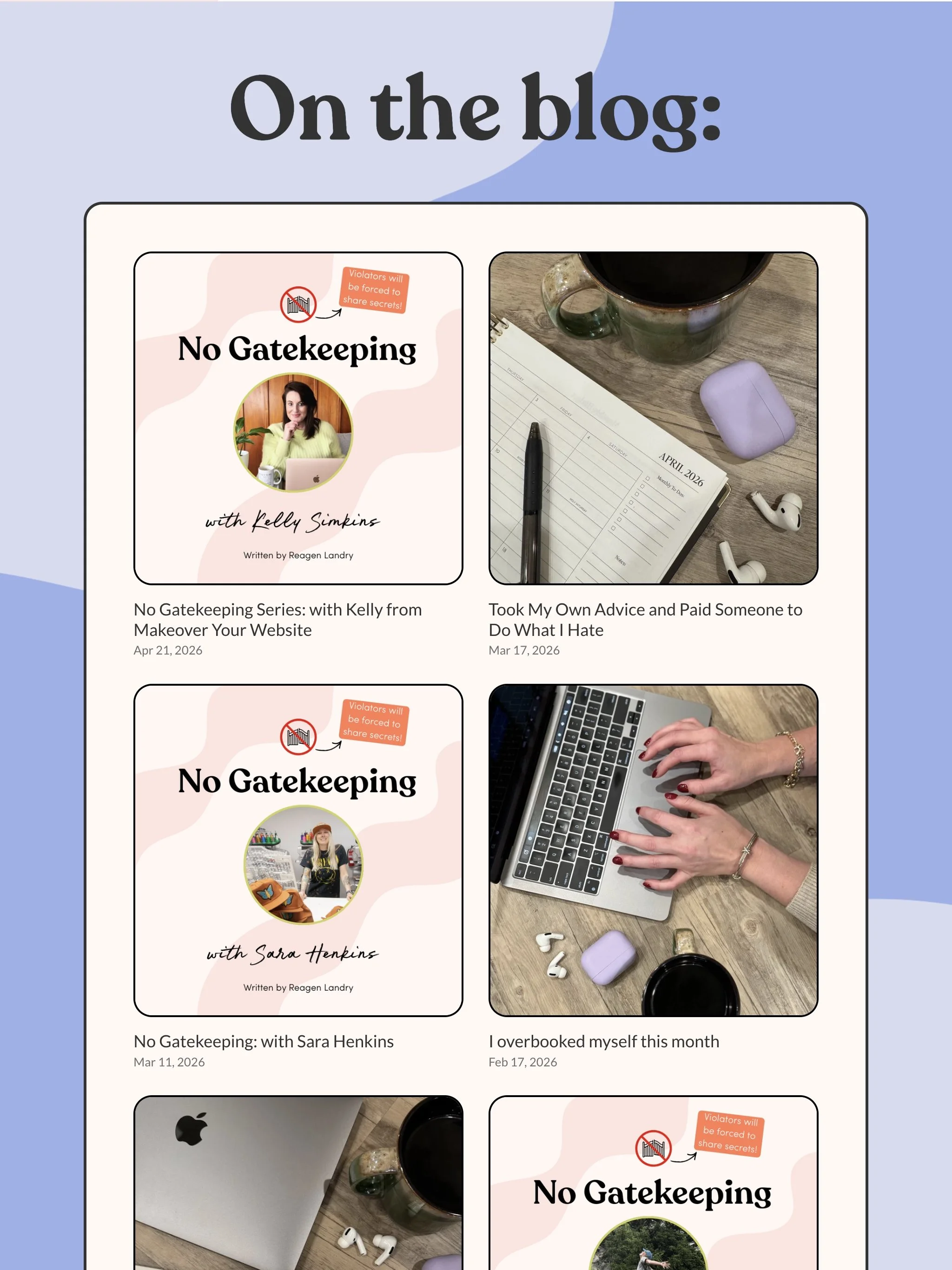 A collage of blog post previews featuring titles, authors, publication dates, and thumbnail images. The posts discuss topics such as "No Gatekeeping" series with Kelly Simkins and Sara Henkins, and include photos of a person using a laptop, notebooks
