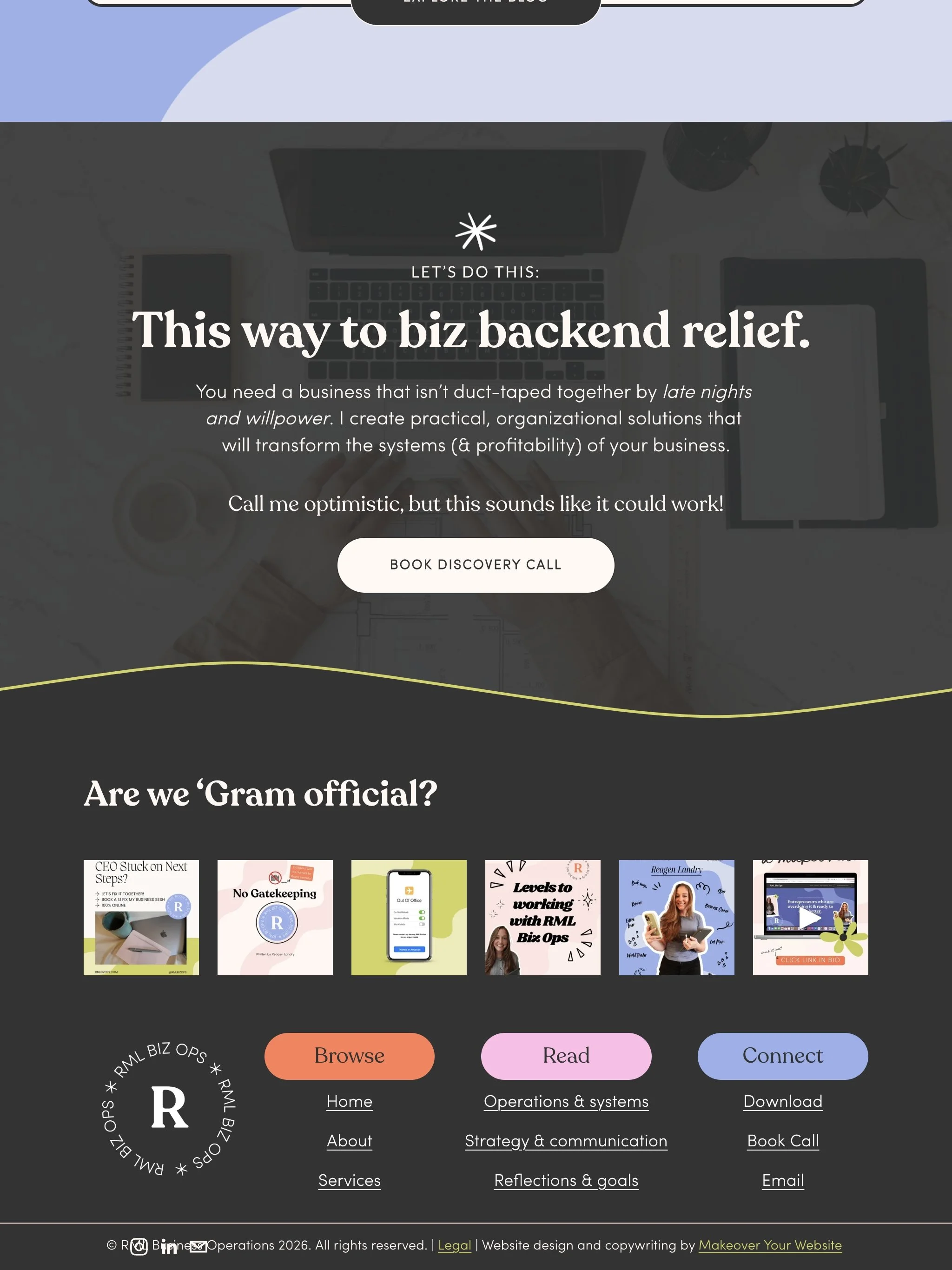 Screenshot of a website homepage offering business and operational services for backend relief, with a header section titled 'LEARN THE BLOG' and a main section with the headline 'This way to biz backend relief'. There is a description about creating