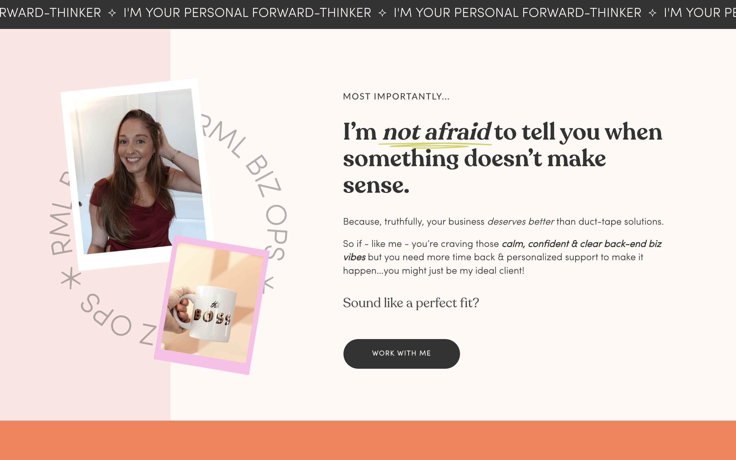 A website landing page with a woman smiling, wearing a red top, and holding a coffee mug labeled 'the BOSS.' The page features a motivational quote, pastel pink and beige color scheme, and decorative polaroid-style photo frames.