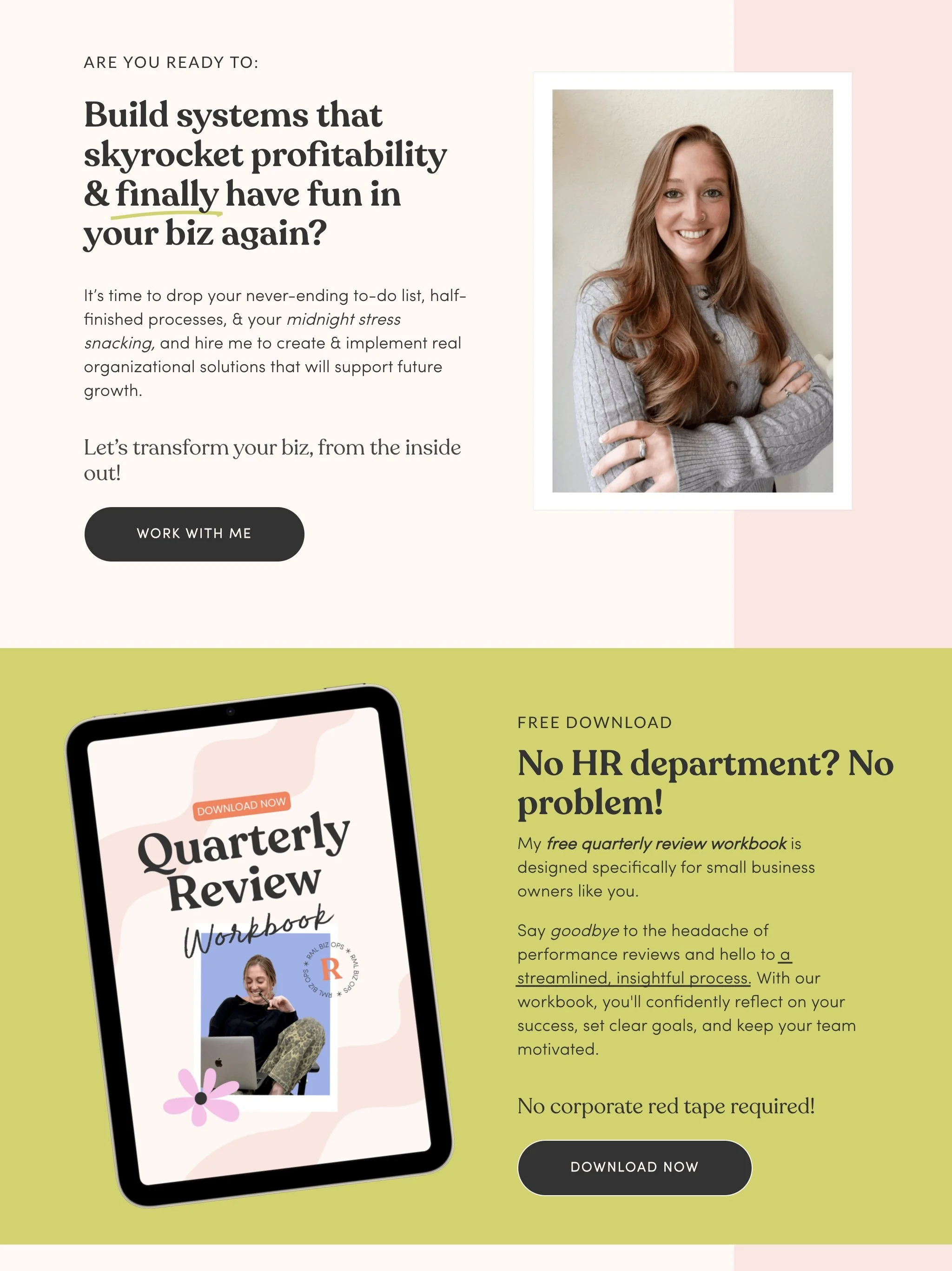 A website page with promotion for business systems and a quarterly review workbook. The page features a smiling woman with long red hair wearing a gray sweater, crossed arms, and standing against a plain wall. The design has sections with pastel pink