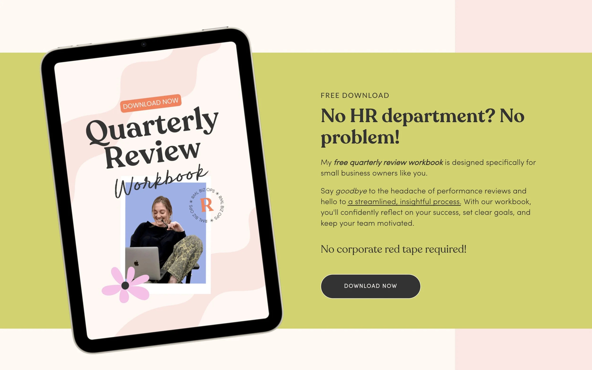 Advertisement for a free quarterly review workbook with a tablet displaying a woman sitting with a laptop, surrounded by a pink flower, on a multicolored background.