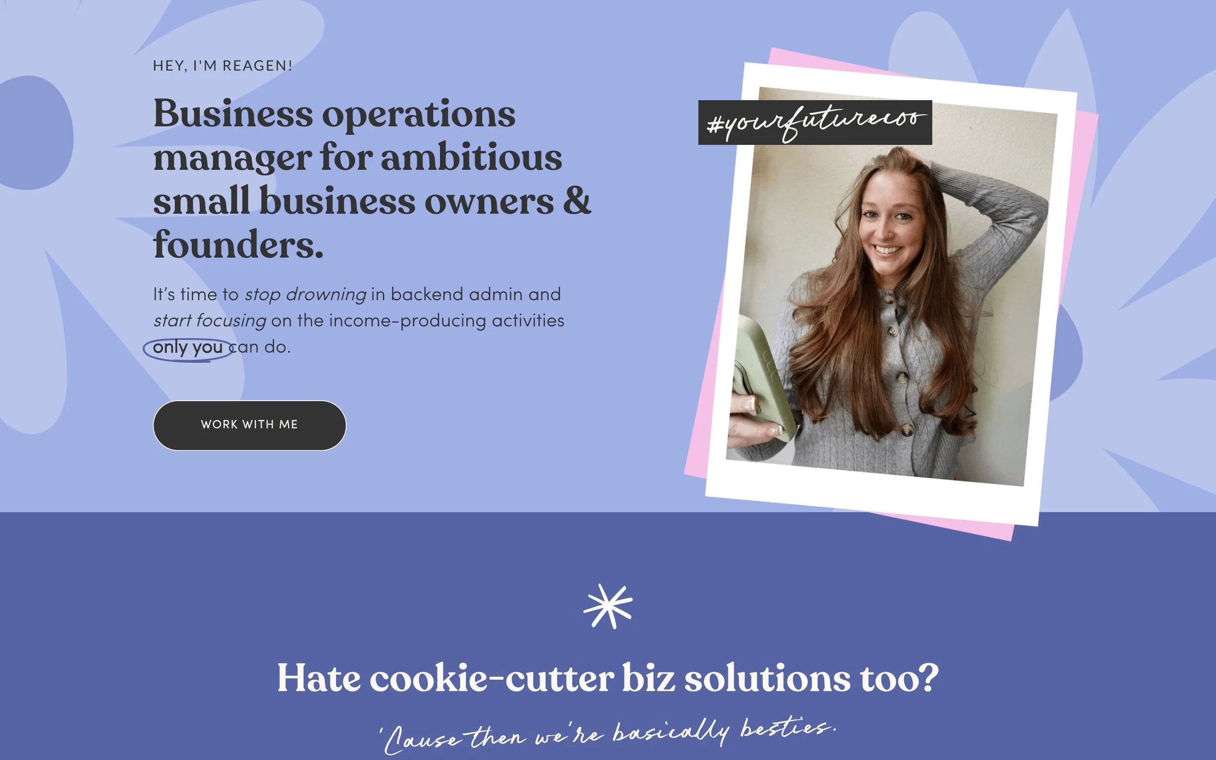 A promotional webpage featuring a woman smiling and holding a vintage telephone. The design includes a purple background with abstract shapes and text about business operations and cookie-cutter solutions.