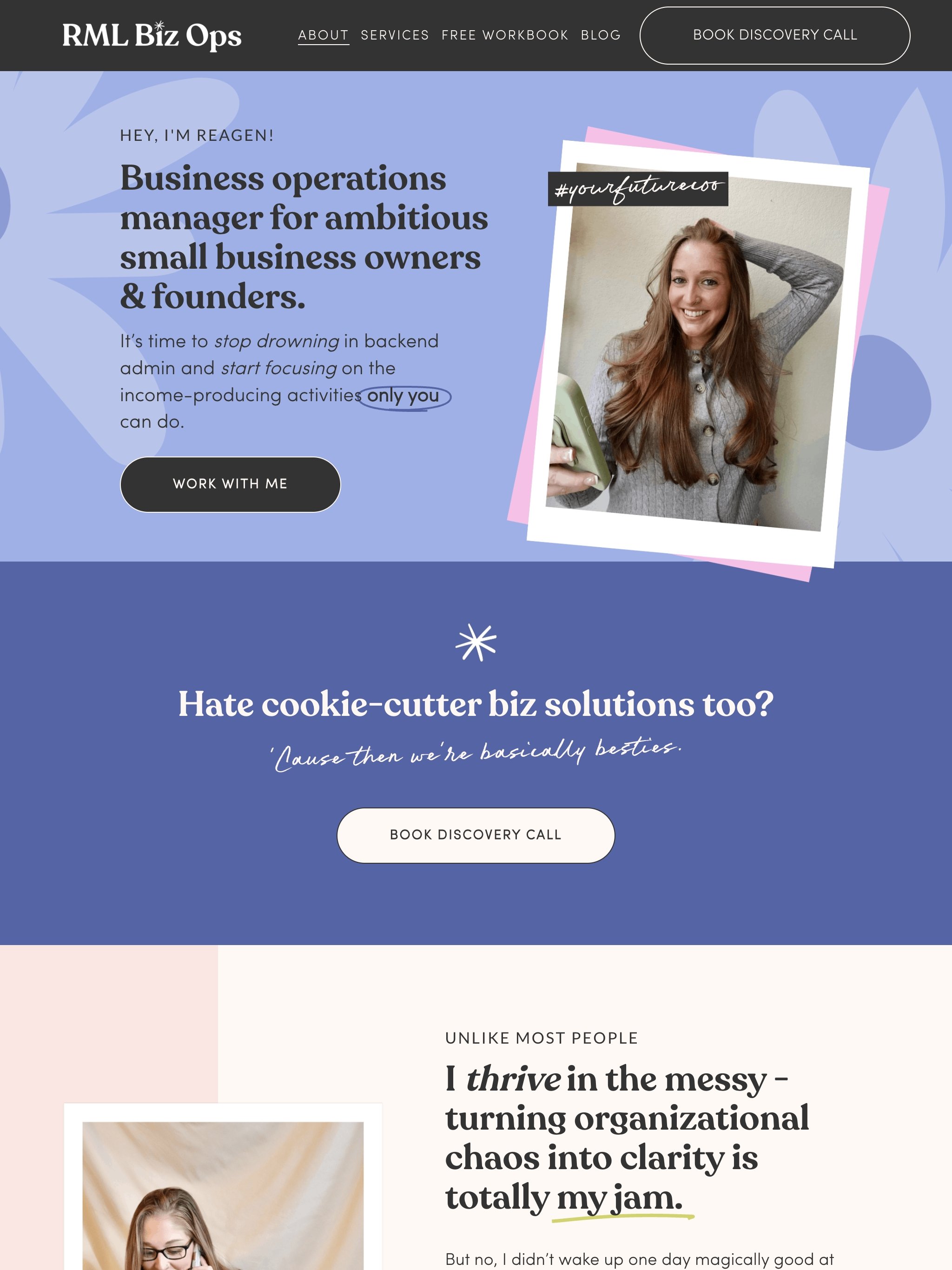 Screenshot of a website homepage for 'RML Biz Ops' featuring a banner with a photo of a smiling woman holding a phone, and text promoting business operations management for small business owners and entrepreneurs, with options like 'about,' 'services