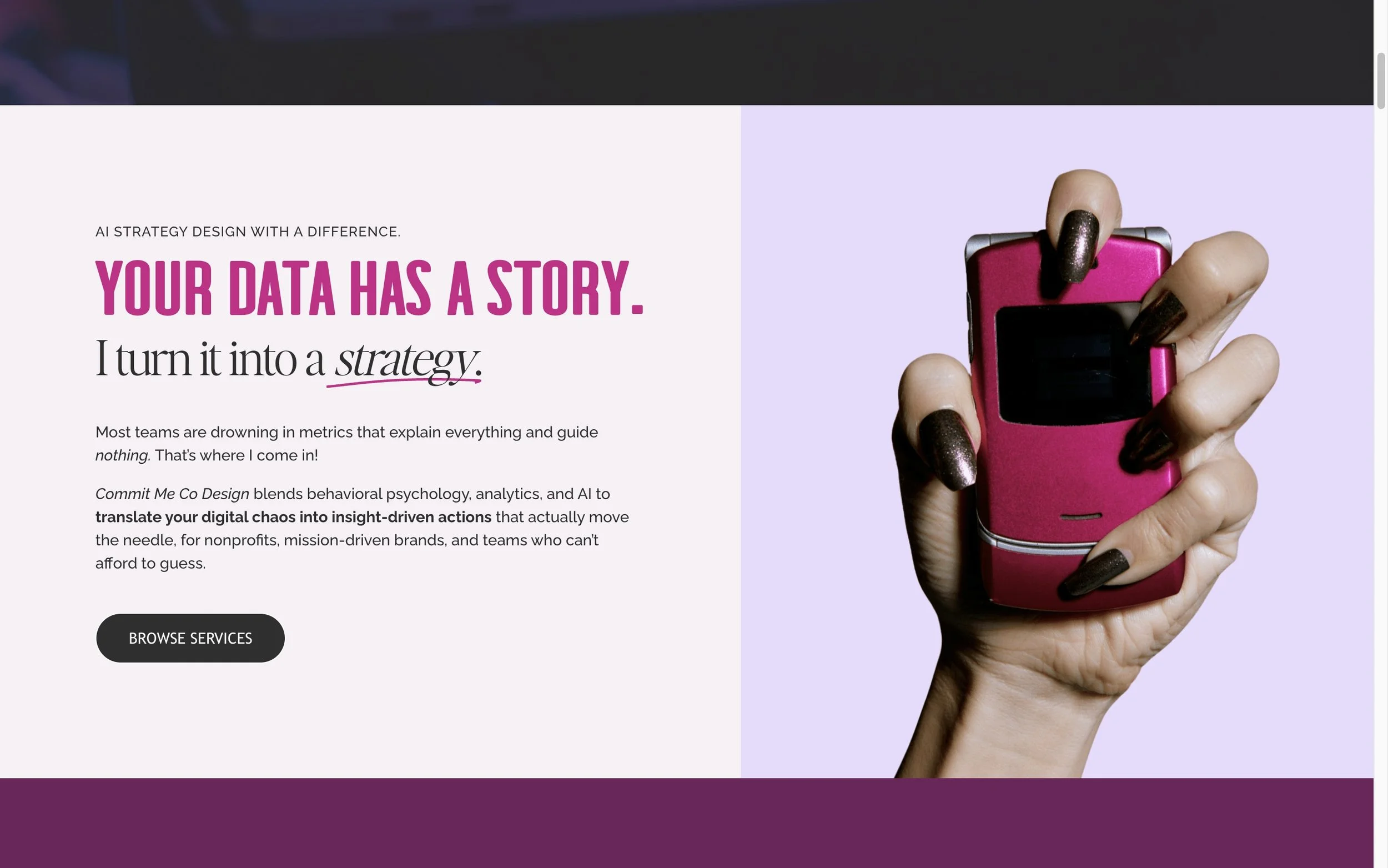 A person with metallic black nail polish holding a small, pink portable device against a purple background.