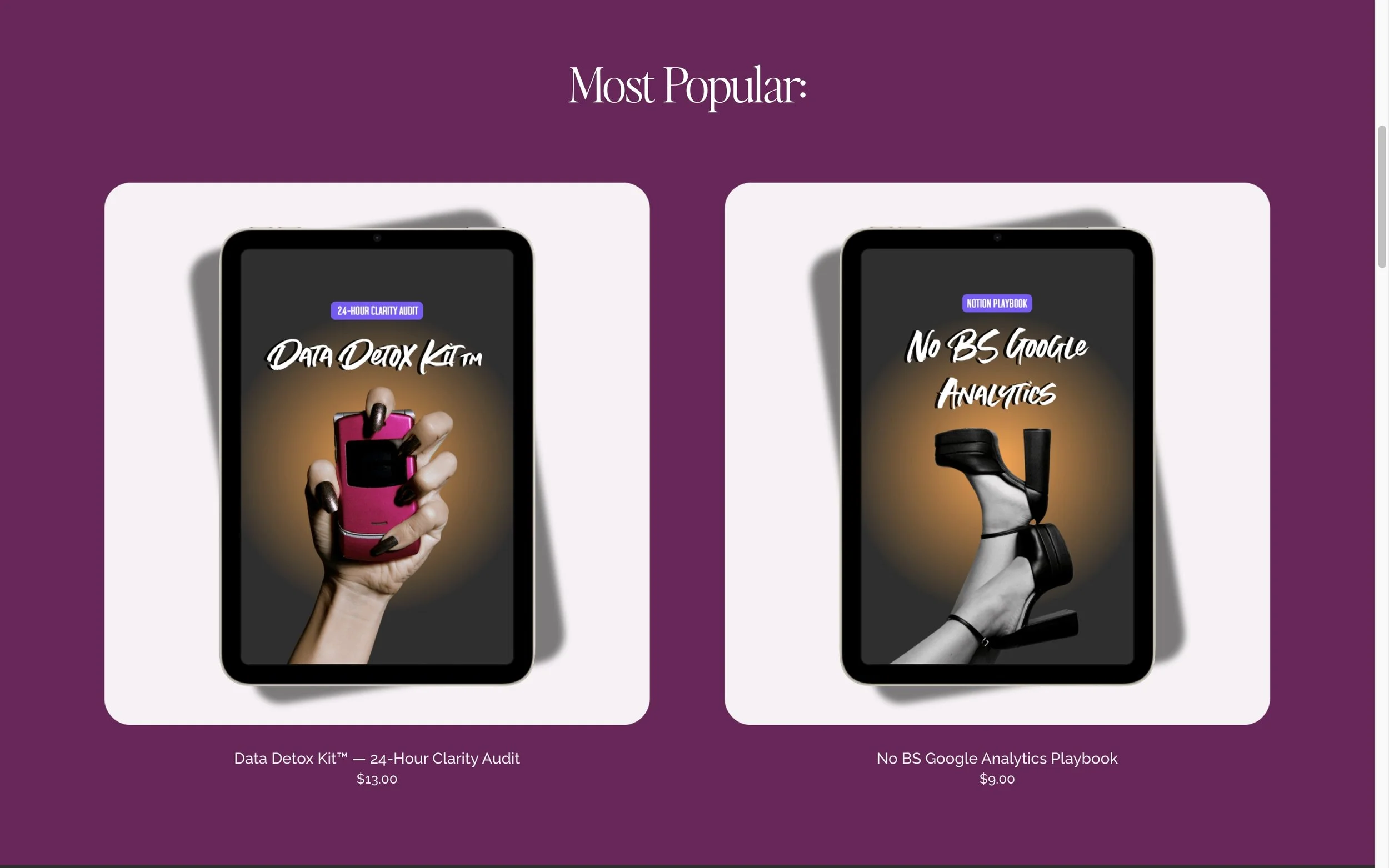 A webpage displaying two products. The left product is a 'Data Detox Kit' with a hand holding a pink flip phone, priced at $13.00. The right product is a 'Notion Playbook' with a hand wearing a black sock, priced at $9.00. The background is purple wi