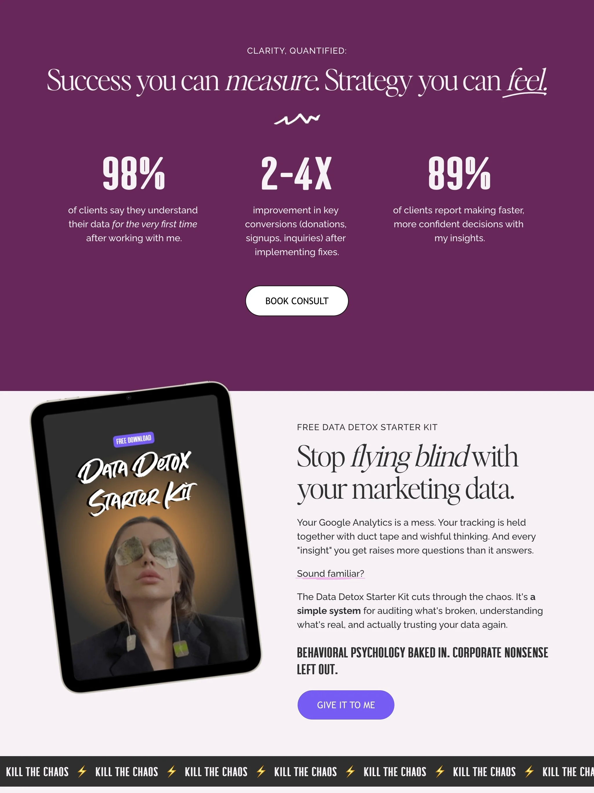 A promotional webpage for a Data Detox Starter Kit, featuring a woman with face bandages and eye pads on her eyes on a phone screen, with a purple background and white text promoting data analysis and marketing insights, plus a call-to-action button 