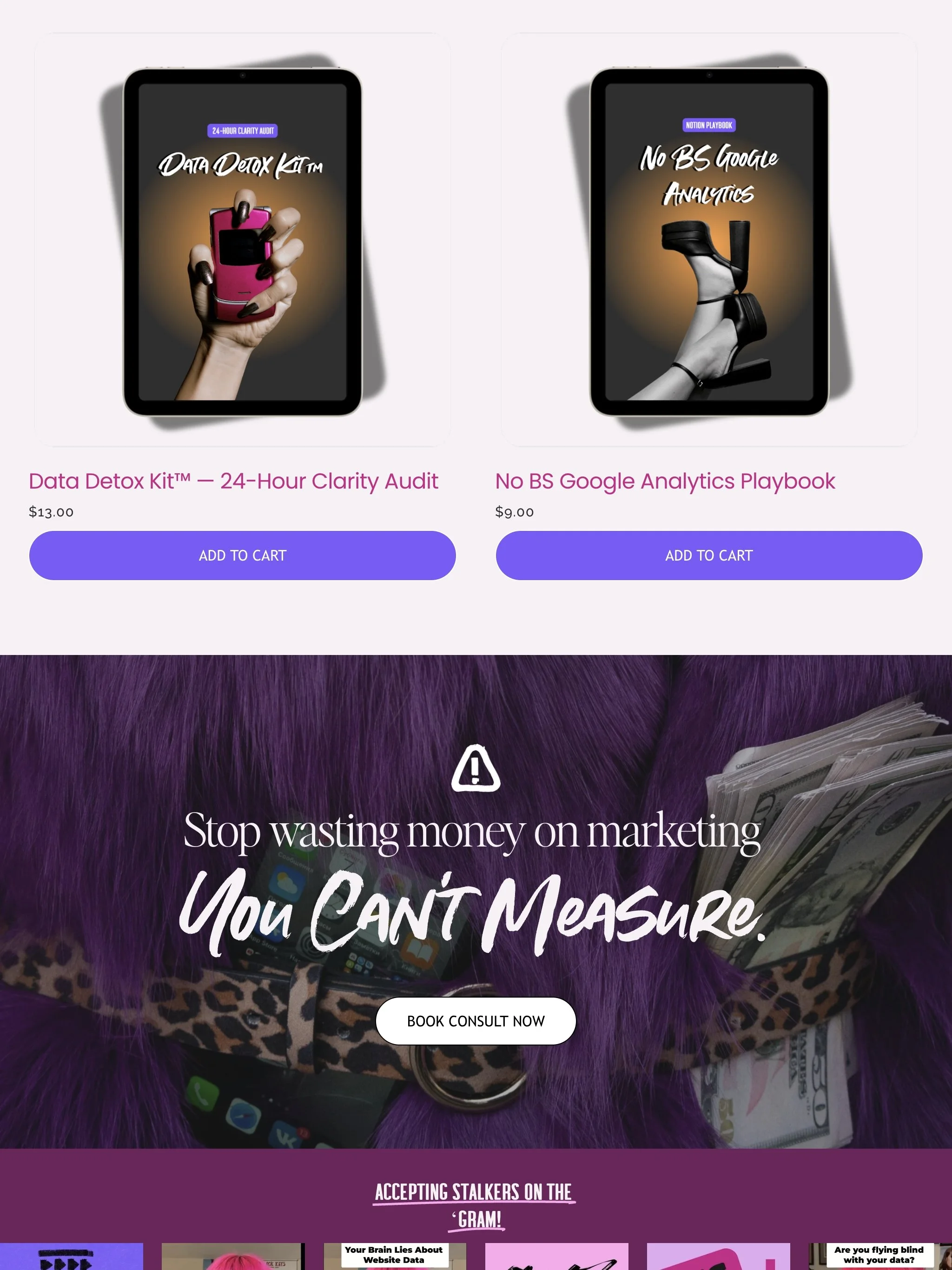 A digital advertisement for a marketing service features two tablets with promotional images. The first tablet displays a pink flip phone held by a hand with dark nail polish, with the text 'Data Detox Kit™ — 24-Hour Clarity Audit.' The second tablet