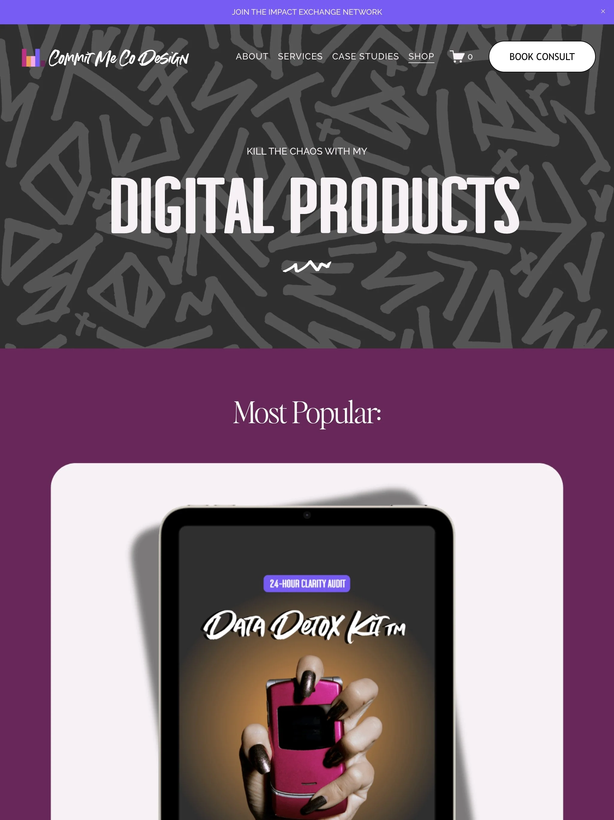 Website homepage with background design, header menu options, and a promotional image of a hand with manicured black nails holding a bright pink flip phone.