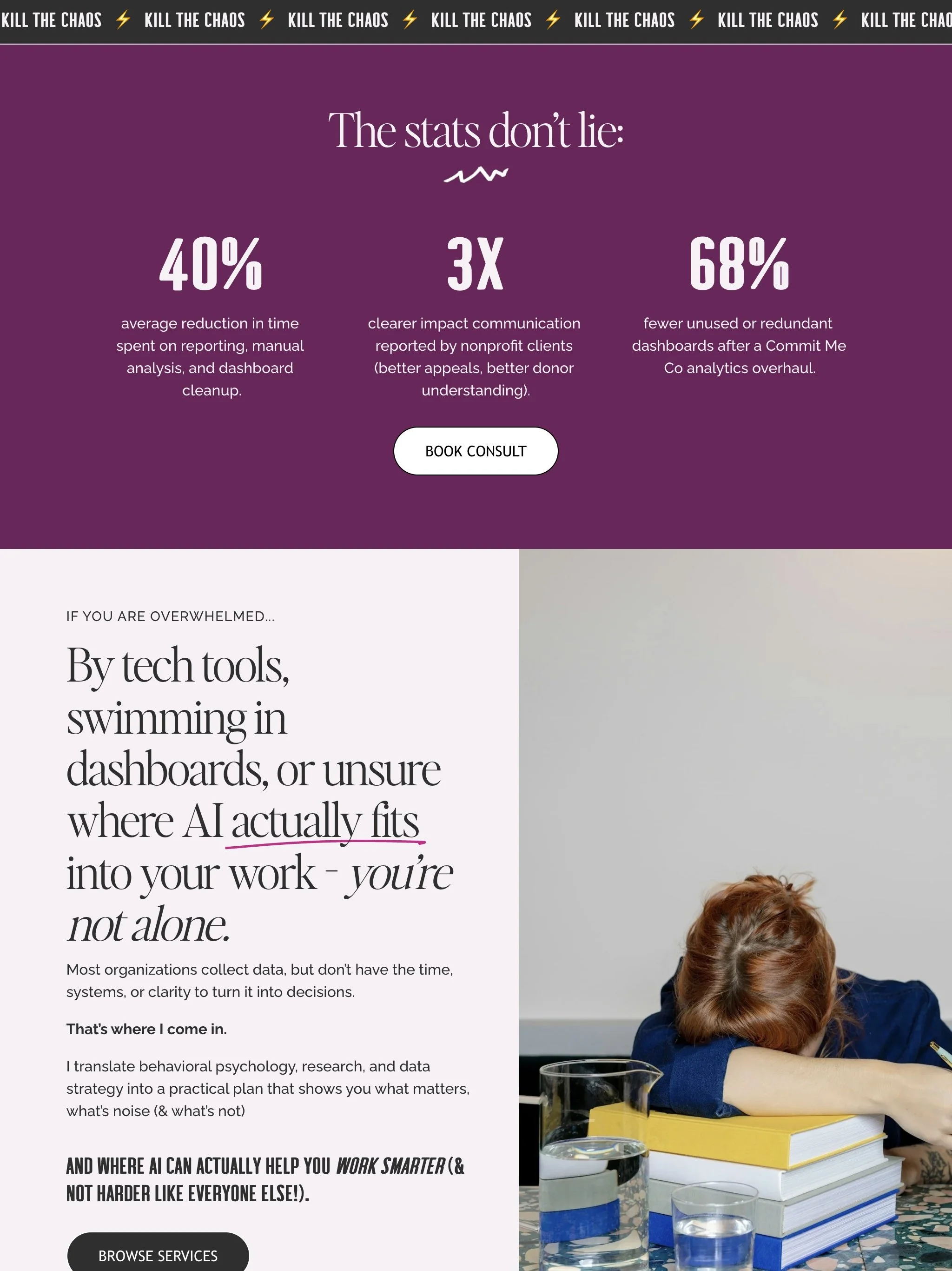 Website header with repeating text 'KILL THE CHAOS' and lightning bolt icons. The main section features a purple background with the headline 'The stats don’t lie:' followed by three statistics about time reduction, clearer communication, and fewer d