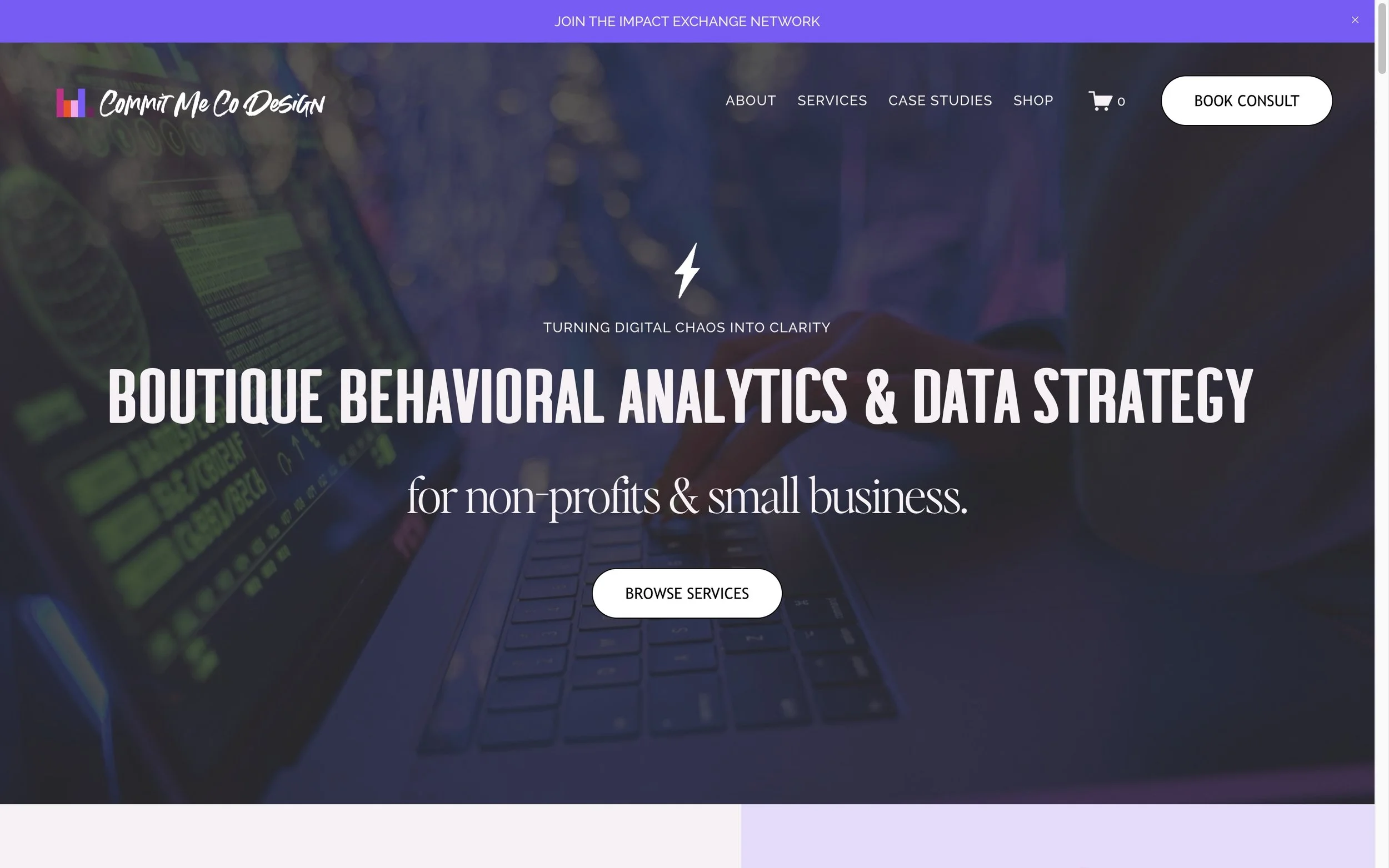 A website homepage for Commit Me Co Design, featuring a dark-themed background with a blurred image of a computer keyboard and computer screen. The website offers digital analytics and data strategy services for non-profits and small businesses. The 