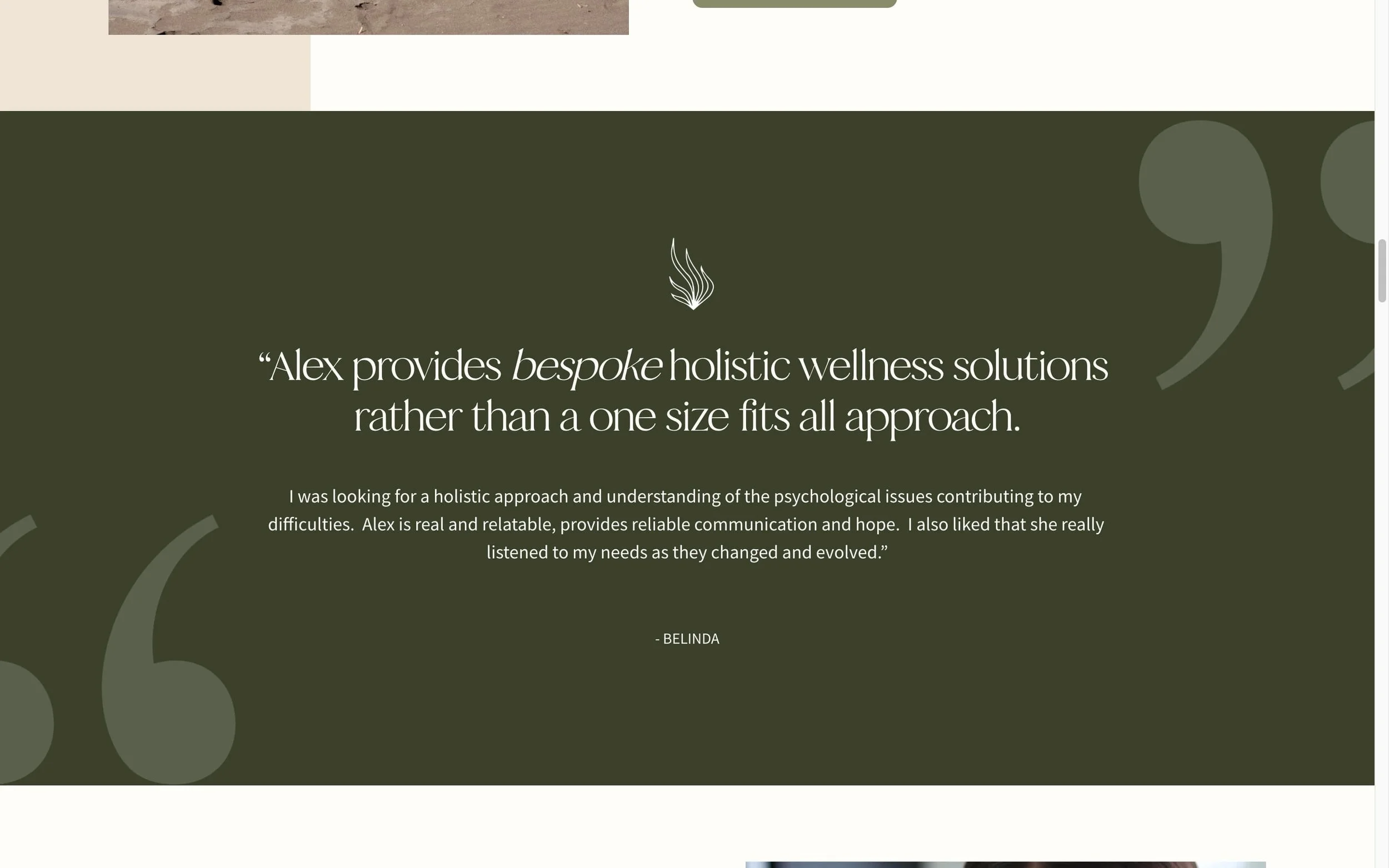Testimonial quote from Belinda about Alex providing bespoke holistic wellness solutions, with subtle quote marks and a minimalist design.