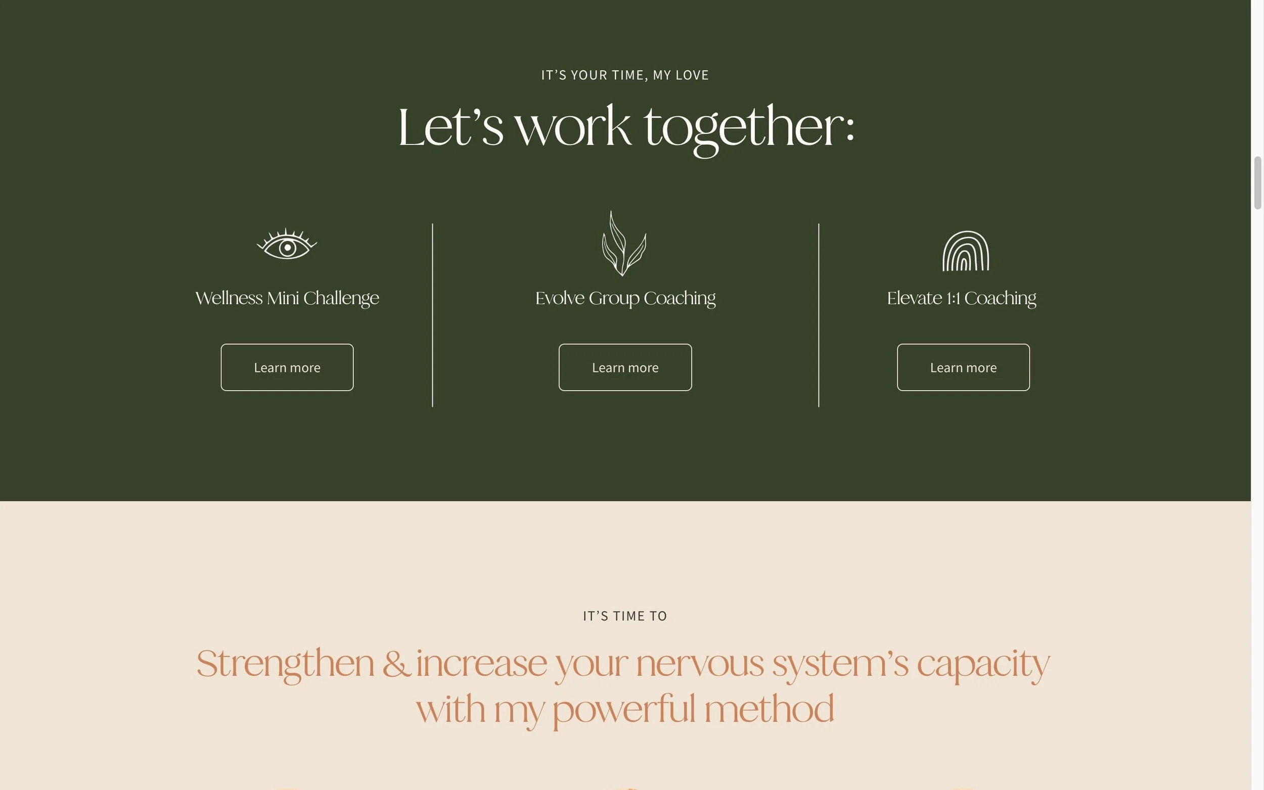 Text promoting wellness and coaching services, with icons and buttons for 'Wellness Mini Challenge,' 'Evolve Group Coaching,' and 'Elevate 1:1 Coaching' on a green background, and a statement about increasing nervous system capacity on a beige backgr