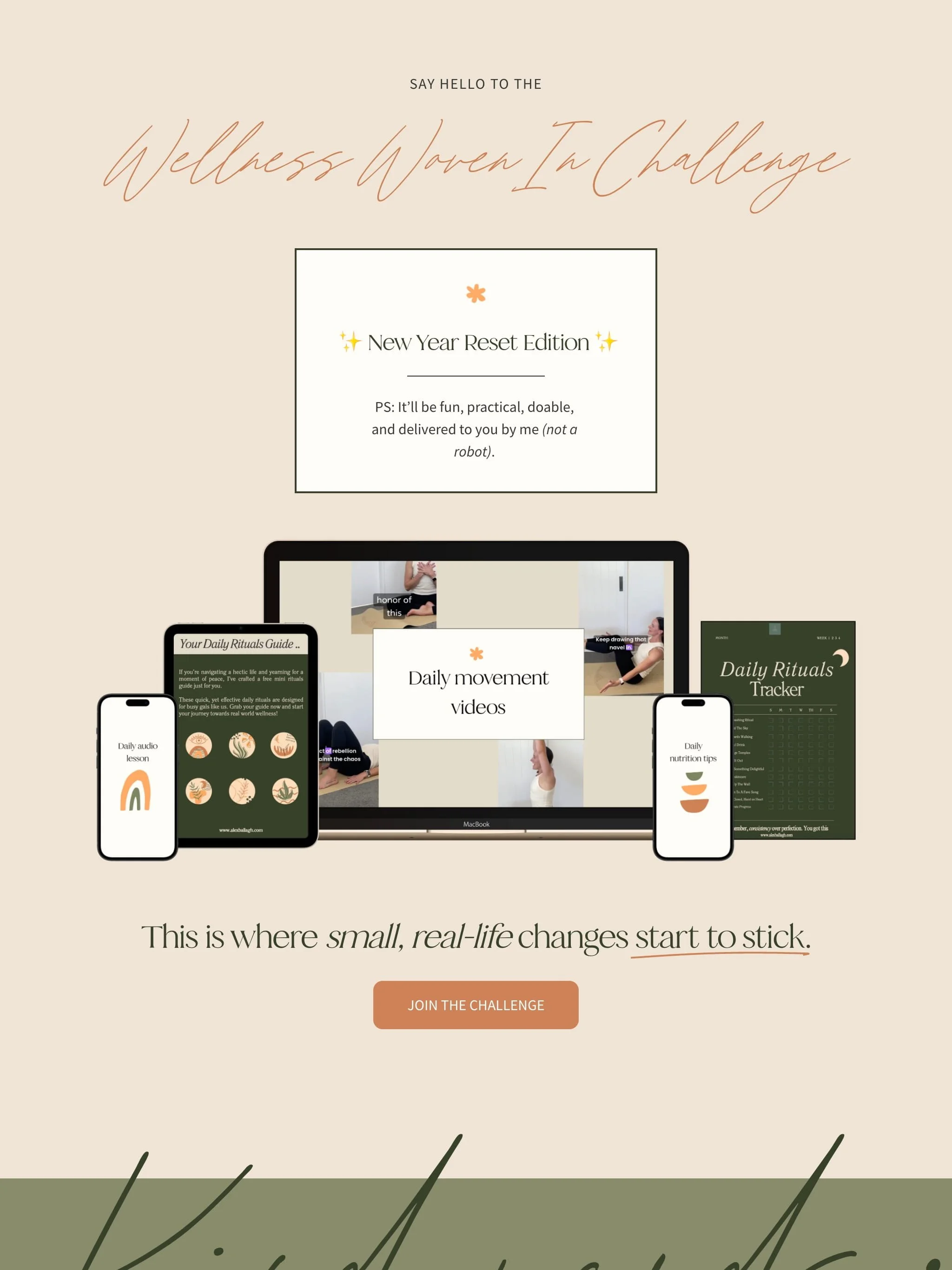 A promotional graphic for the Wellness Woven Up Challenge featuring a digital platform with videos, trackers, and tips for wellness, including a laptop and smartphones showing various wellness content.