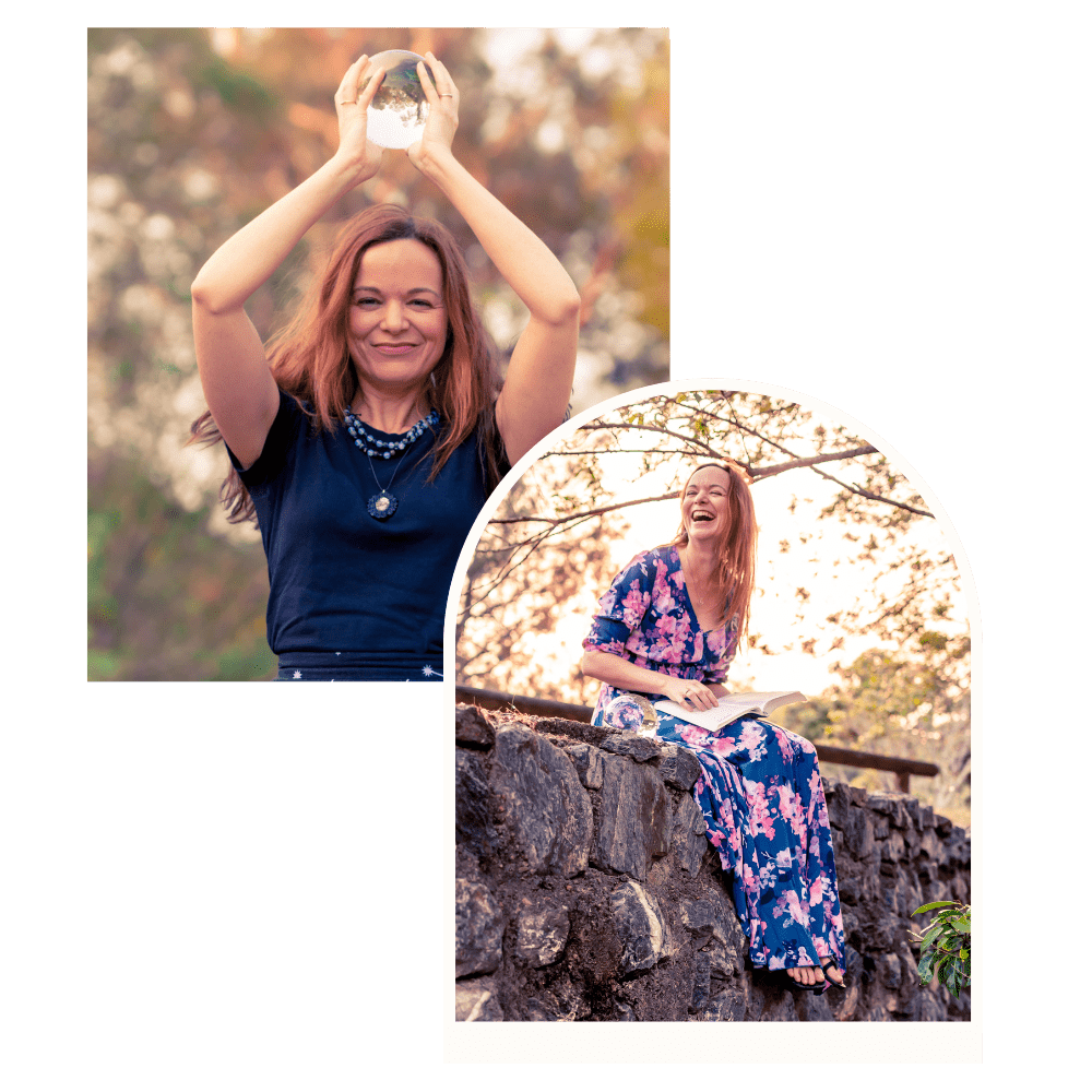 Two women enjoying outdoor moments: one holding a glass ball above her head outdoors with a blurred background, the other sitting on a stone wall, laughing and reading a book amidst trees and greenery during sunset.