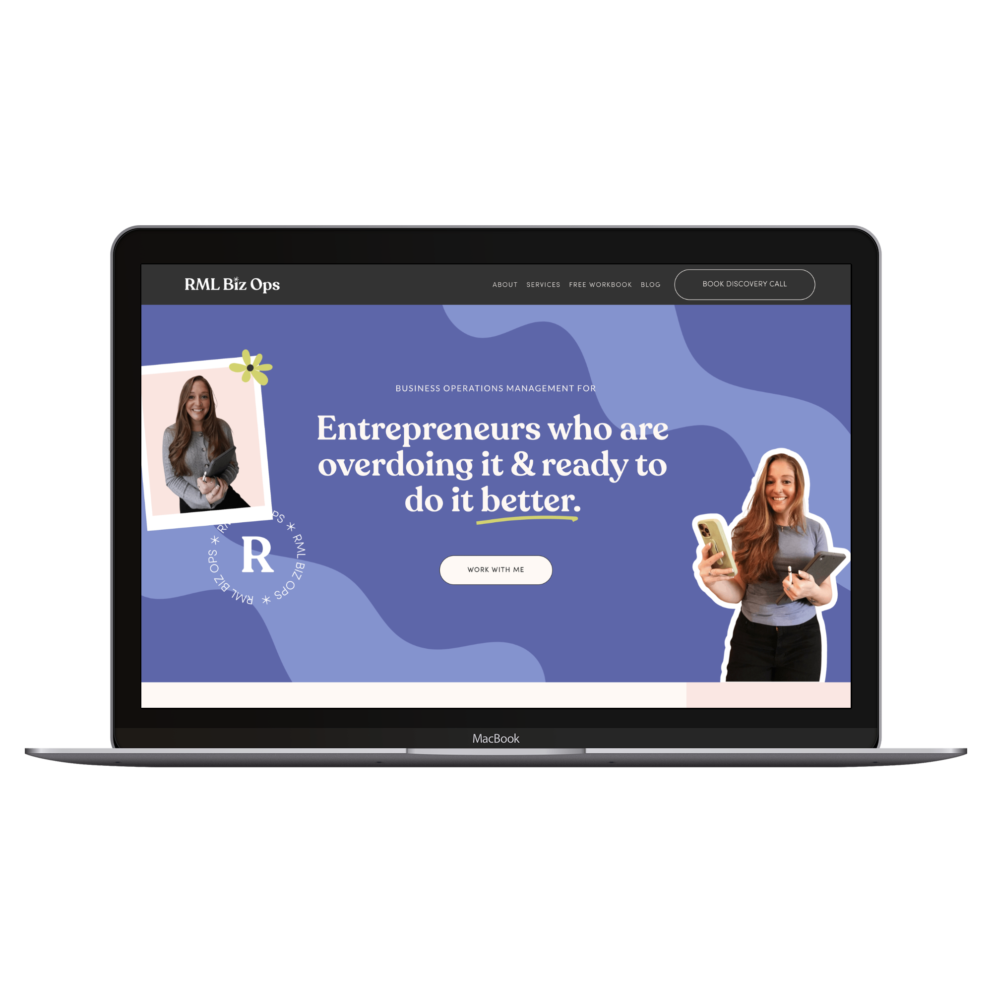 Screenshot of a website homepage for RML Biz Ops with a dark header, navigation links (About, Services, Free Workbook, Blog), a Book Discovery Call button, a main header about entrepreneurs overdosing but ready to do better, and images of two women on a blue abstract background.