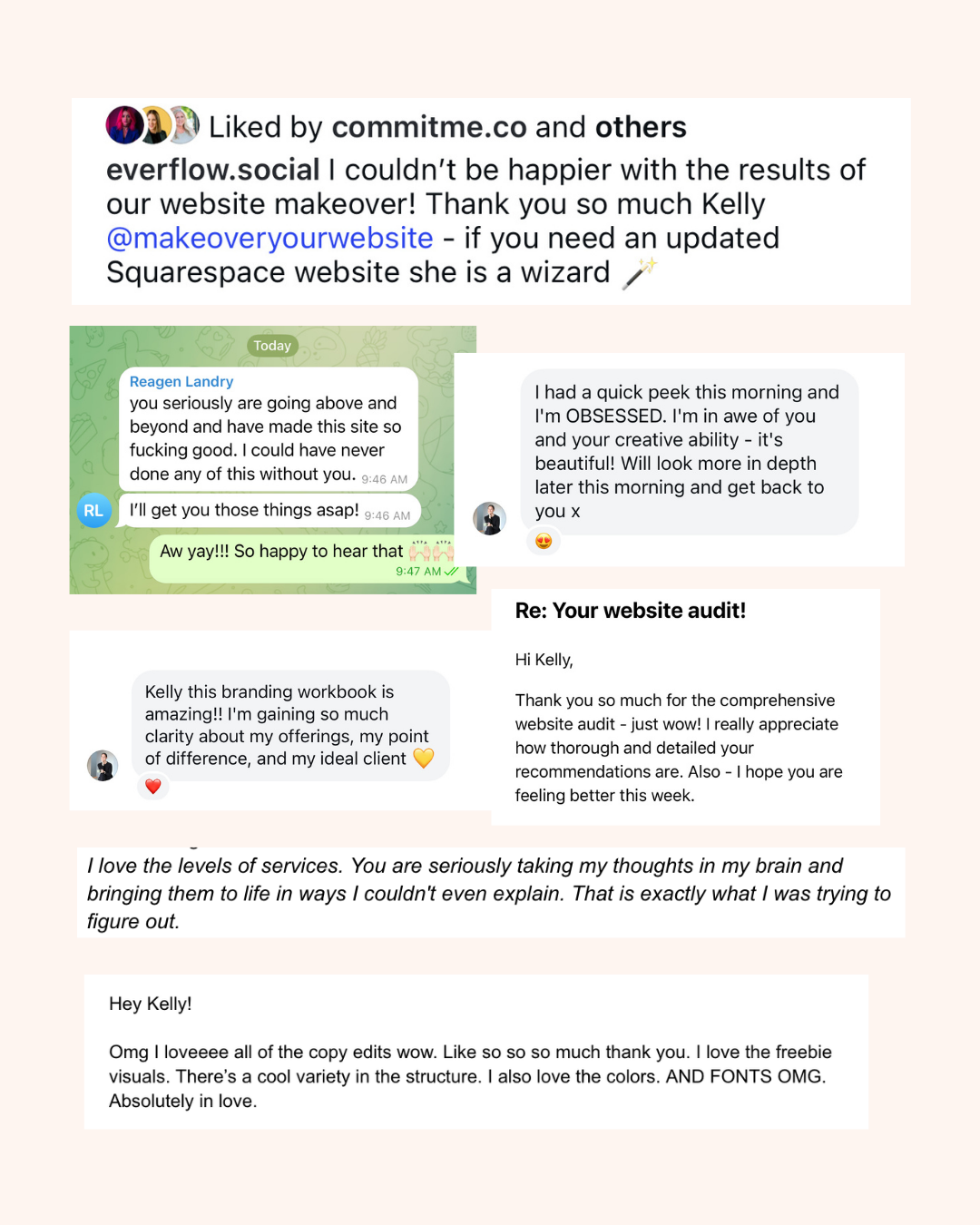 A collage of screenshots showing positive client feedback and testimonials for a website redesign and branding services, including messages praising the results, creativity, clarity, and overall satisfaction.