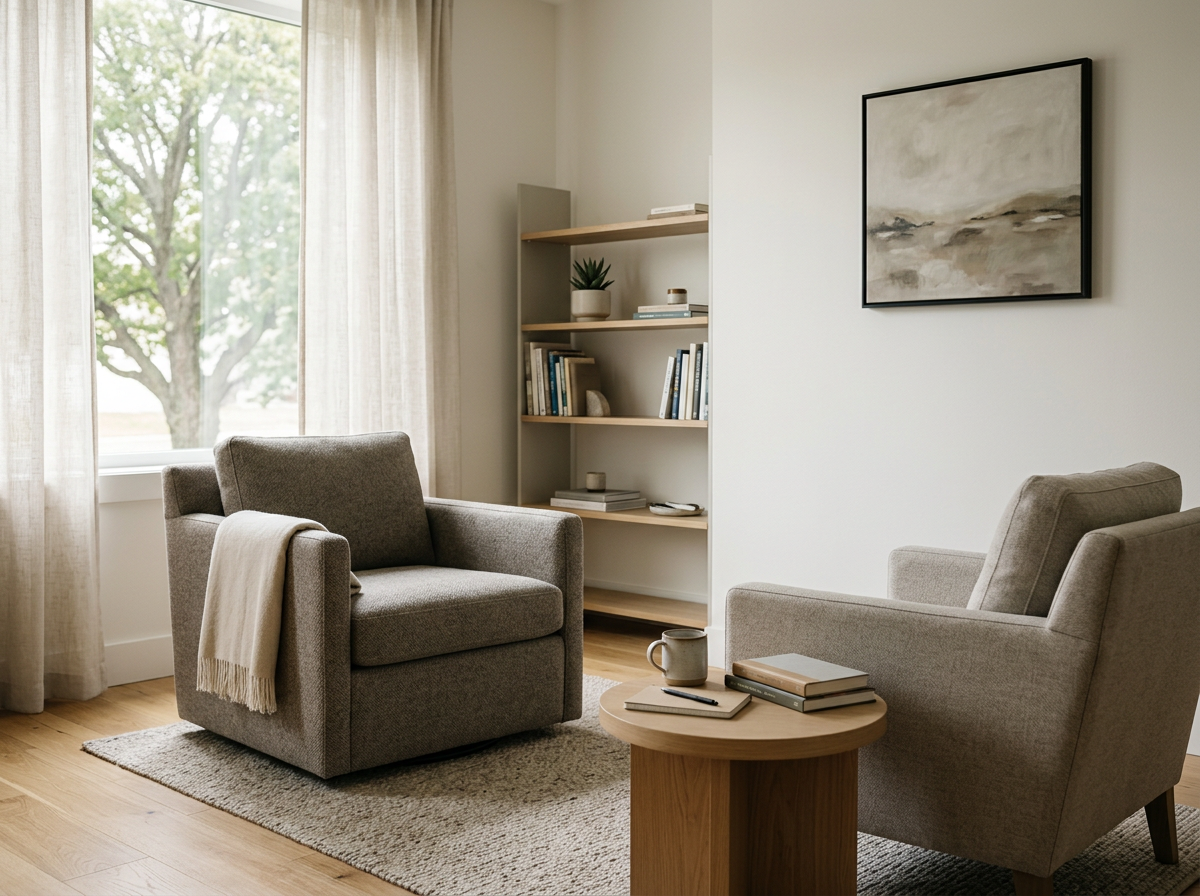 Cozy living room with two gray armchairs, a round wooden side table with books and a mug, a beige area rug, a large window with light curtains, and a wooden bookshelf with decorative items and books. Psychiatric Care - Amy Zoller Lee - PA-C