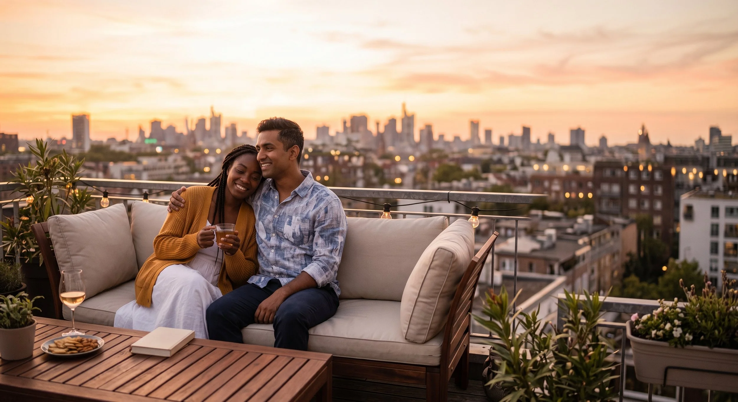 A couple enjoying drinks on a rooftop patio during sunset with a city skyline in the background.