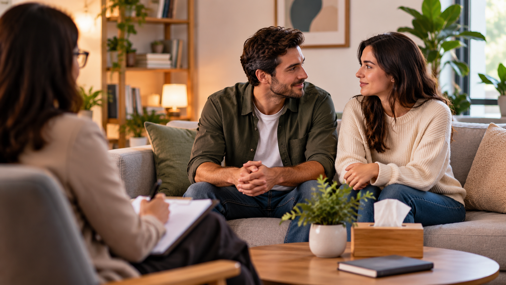 A couple sitting on a beige sofa in a cozy living room, talking intimately while a therapist takes notes nearby.