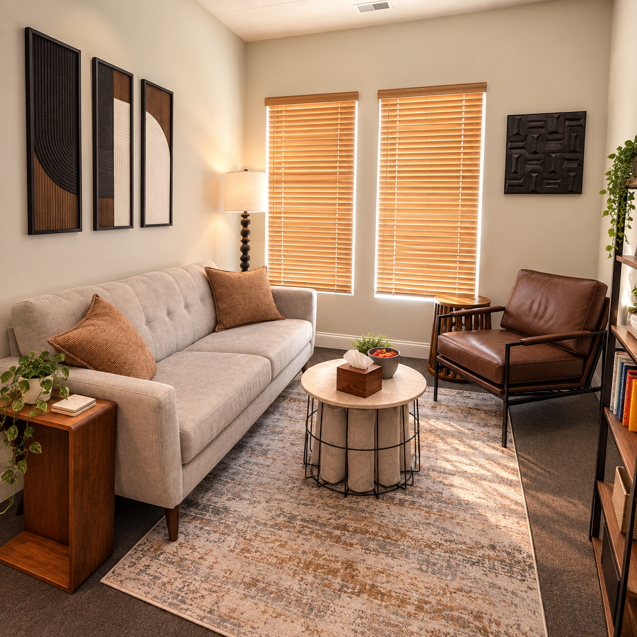 A cozy living room with a light gray sofa, brown pillows, a wooden side table with a plant, a round coffee table with a tissue box and a bowl of snacks, a leather armchair, a tall floor lamp, and wooden blinds on the windows, with abstract wall art and a bookshelf.