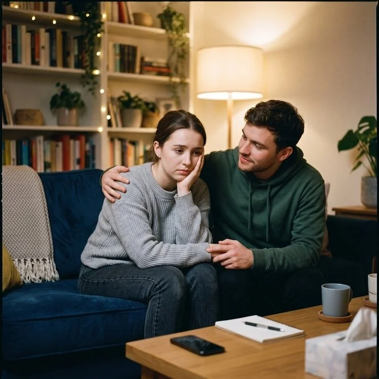 A young woman appears distressed, sitting on a blue couch while a young man comforts her, placing his arm around her shoulders in a cozy living room with bookshelves, a lamp, and houseplants.
