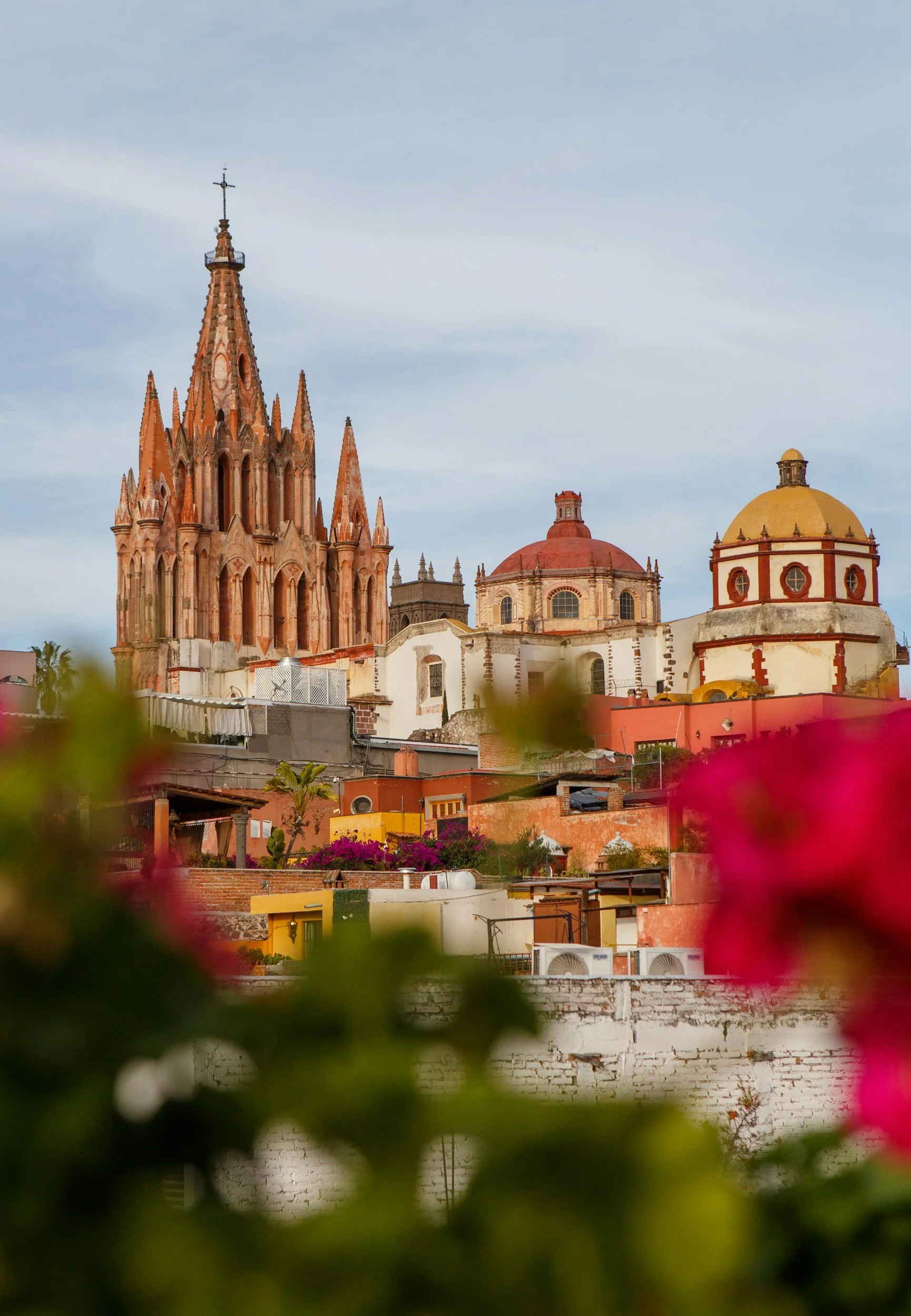 Historic colonial buildings and church spires in San Miguel de Allende, Mexico.