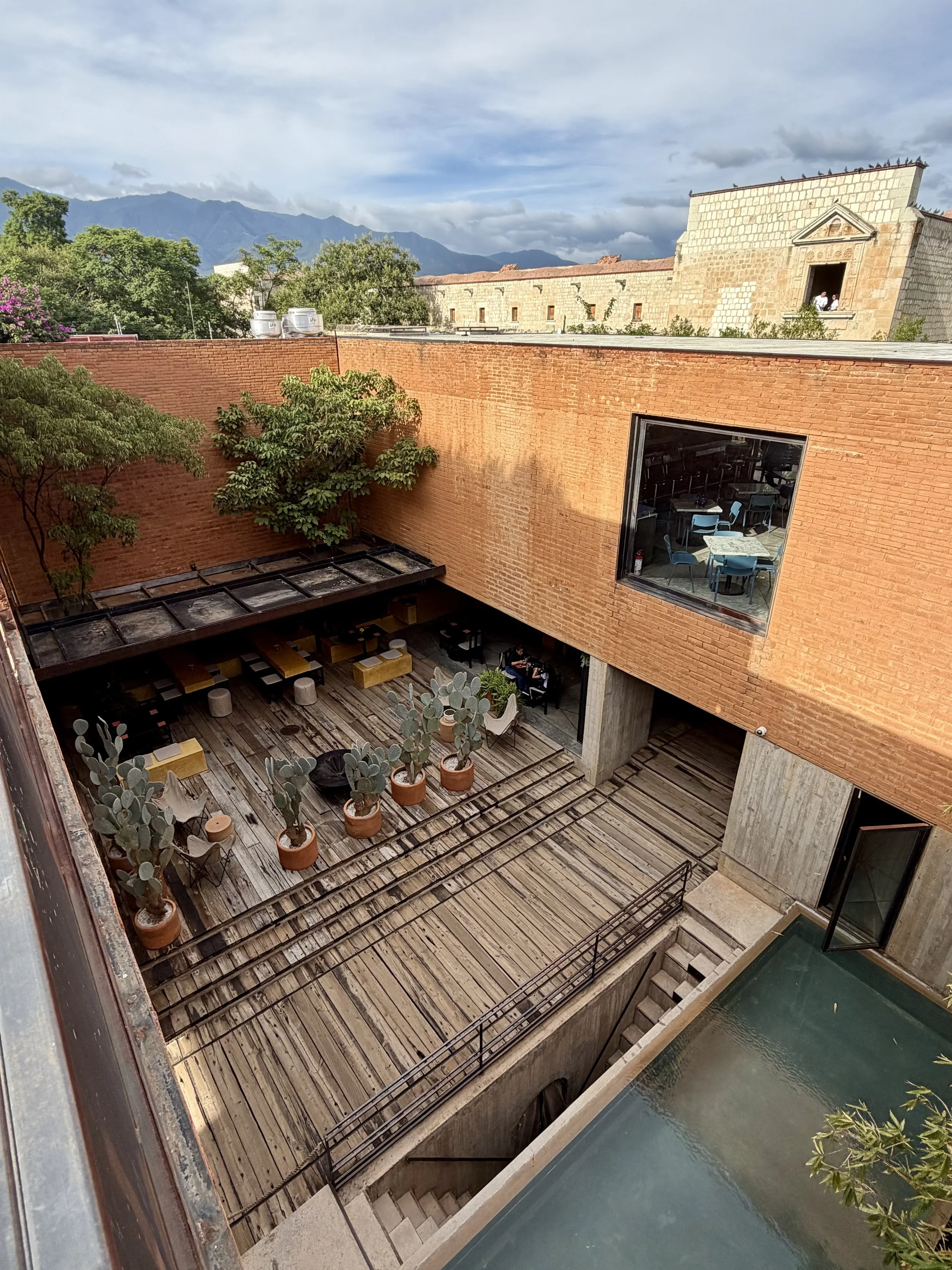 Boutique hotel courtyard with cacti, outdoor seating and mountain views in Mexico.