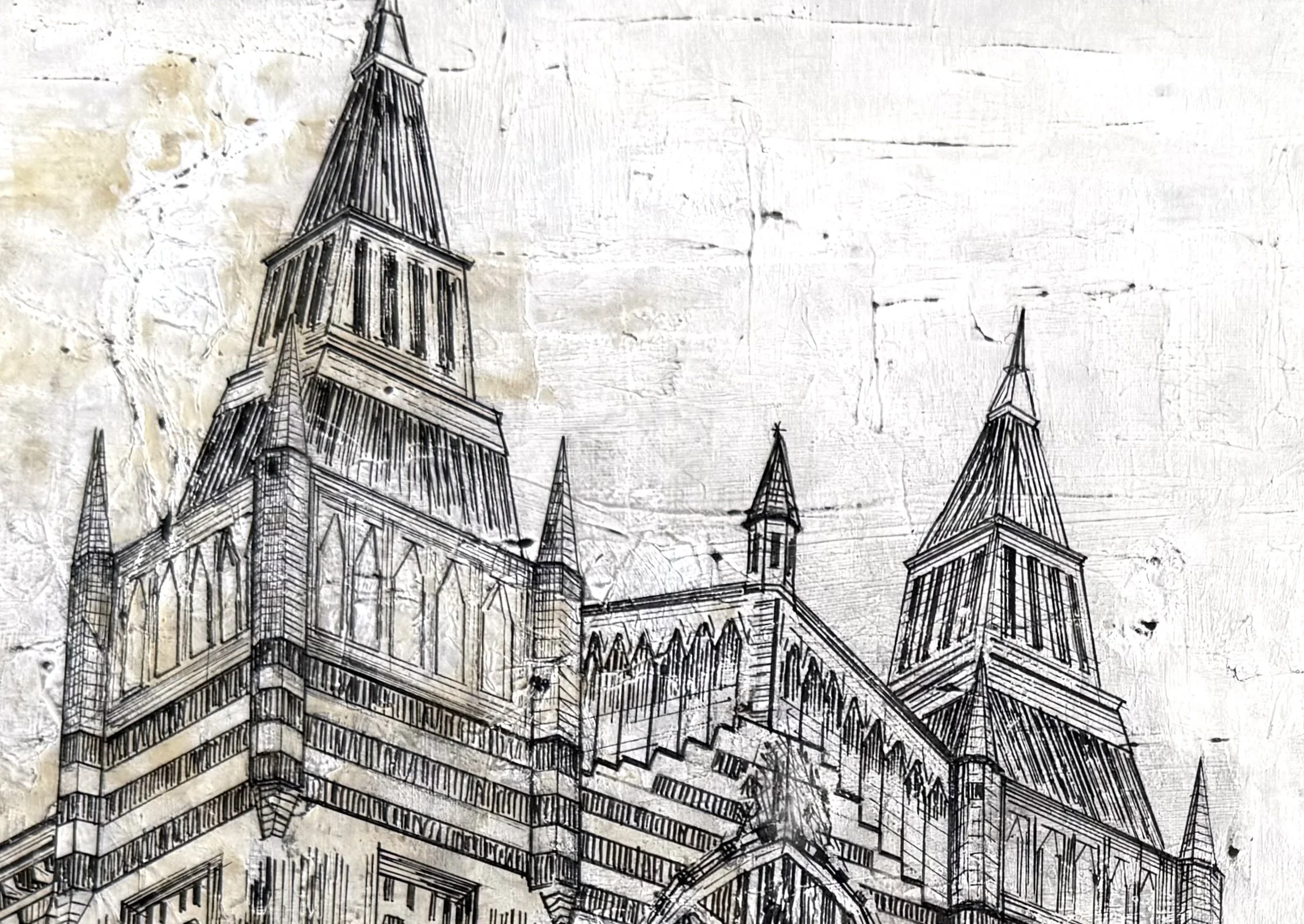 GREAT HALL, UNIVERSITY OF LEEDS,
2021,
acrylic, pen & ink, tissue paper, pencil on MDF
(420x297cm)