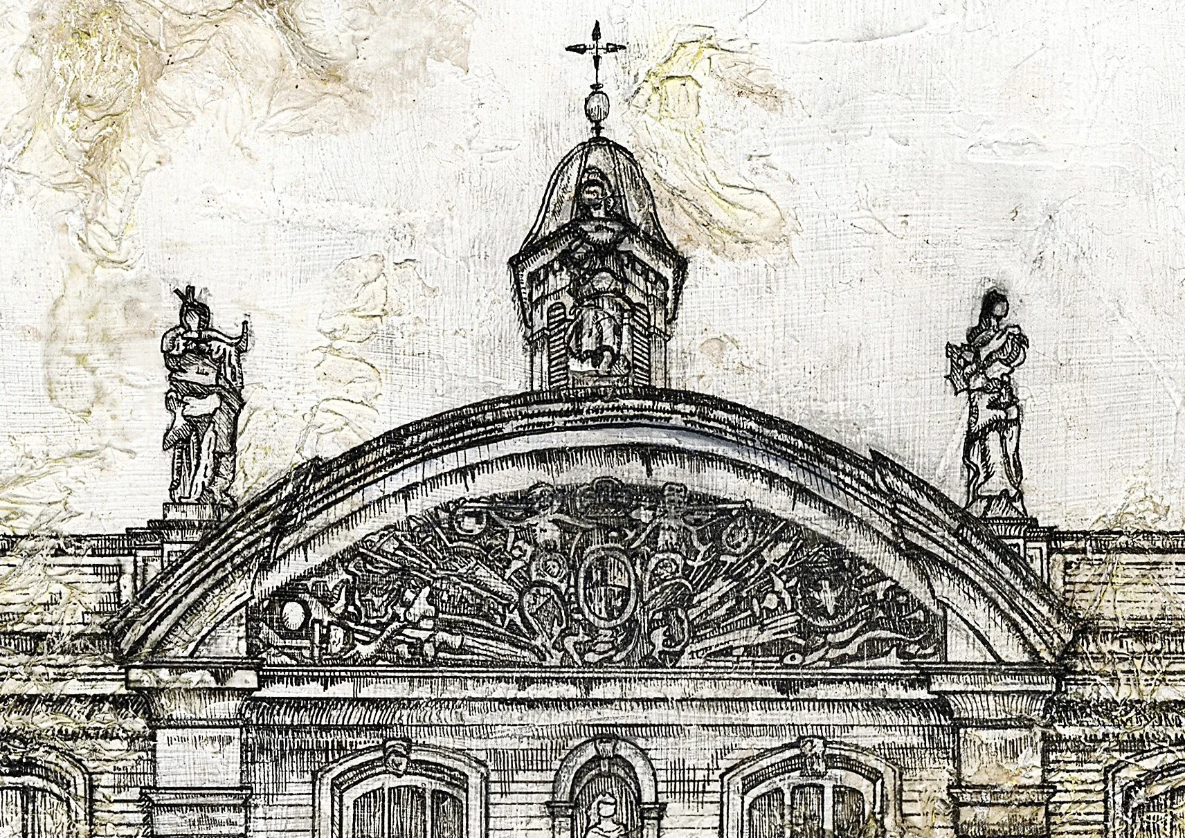 THE GUILDHALL WORCESTER,
2026,
acrylic, pen & ink, tissue paper, pencil on MDF,
(420x297cm)