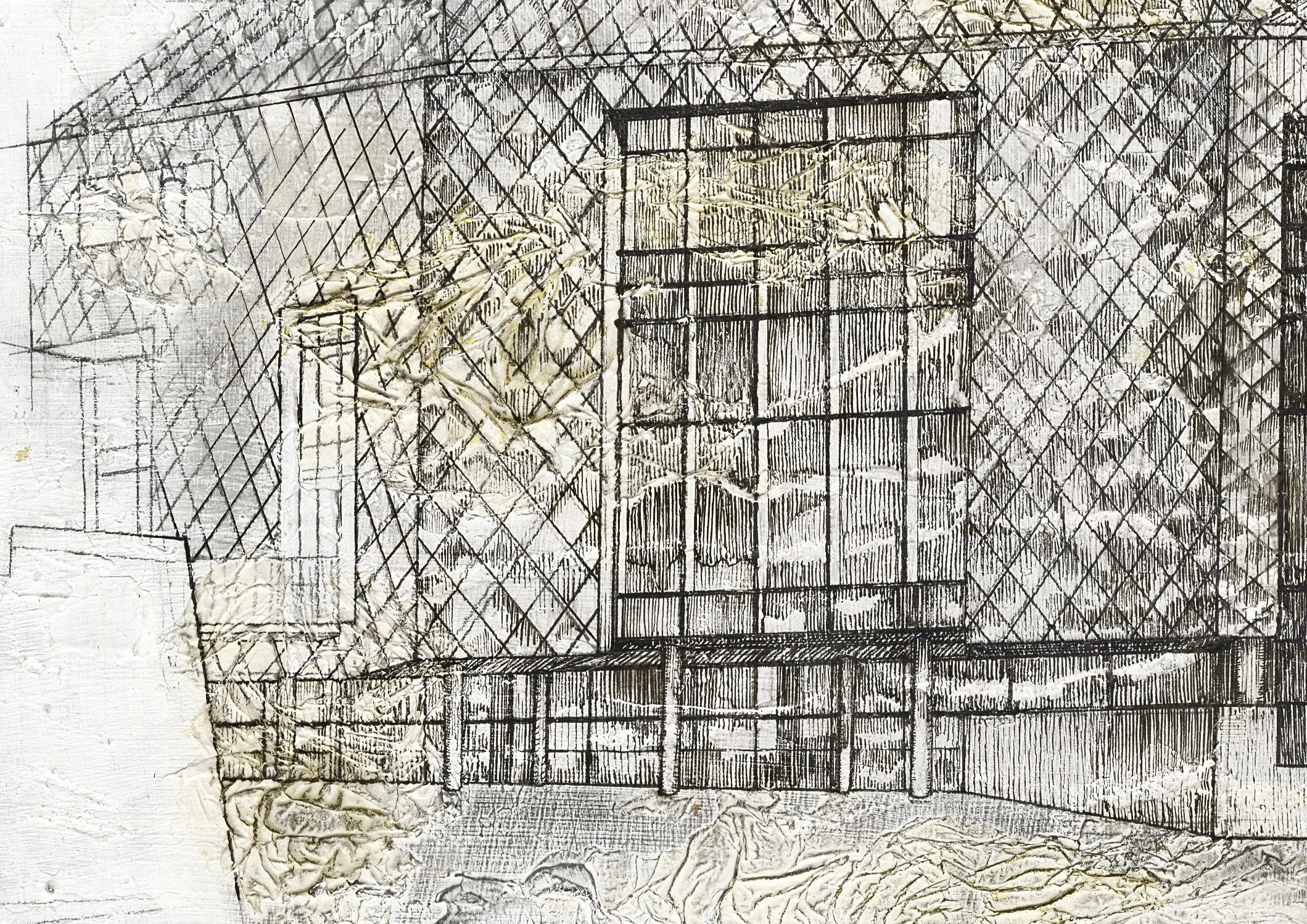 THE HIVE,
2026,
acrylic, pen & ink, tissue paper, pencil on MDF,
(420x297cm)