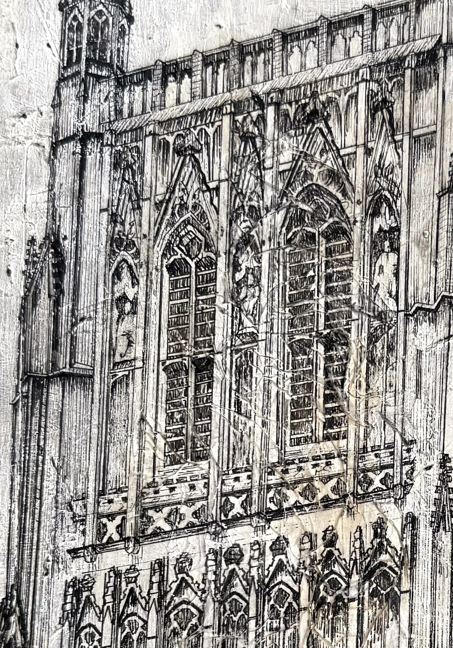 WORCESTER CATHEDRAL, 2021, acrylic, pen & ink, tissue paper, pencil on plywood
(297x420cm)