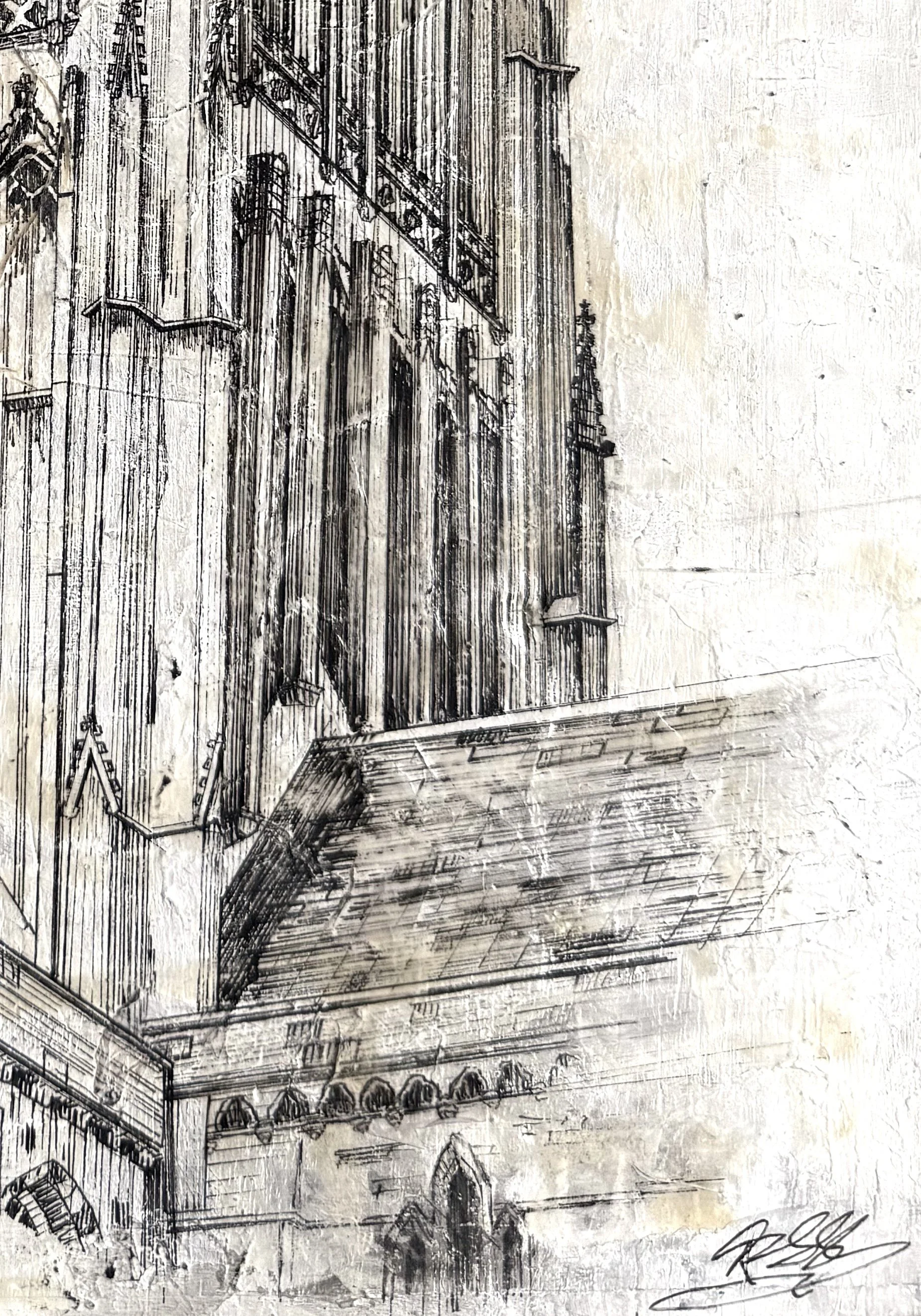 WORCESTER CATHEDRAL, 2021, acrylic, pen & ink, tissue paper, pencil on plywood
(297x420cm)