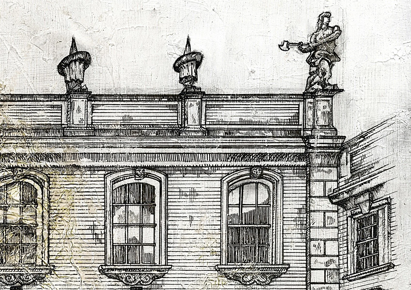 THE GUILDHALL WORCESTER,
2026,
acrylic, pen & ink, tissue paper, pencil on MDF,
(420x297cm)
