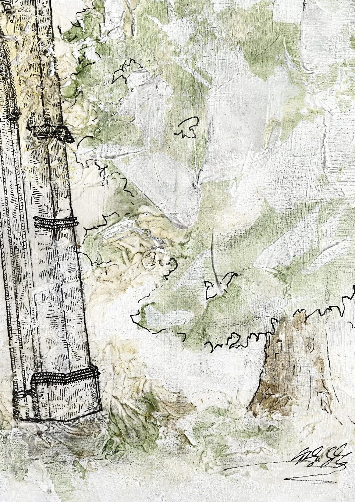 GLOVERS NEEDLE,
2026,
acrylic, pen & ink, tissue paper, pencil on MDF,
(297x420cm)
