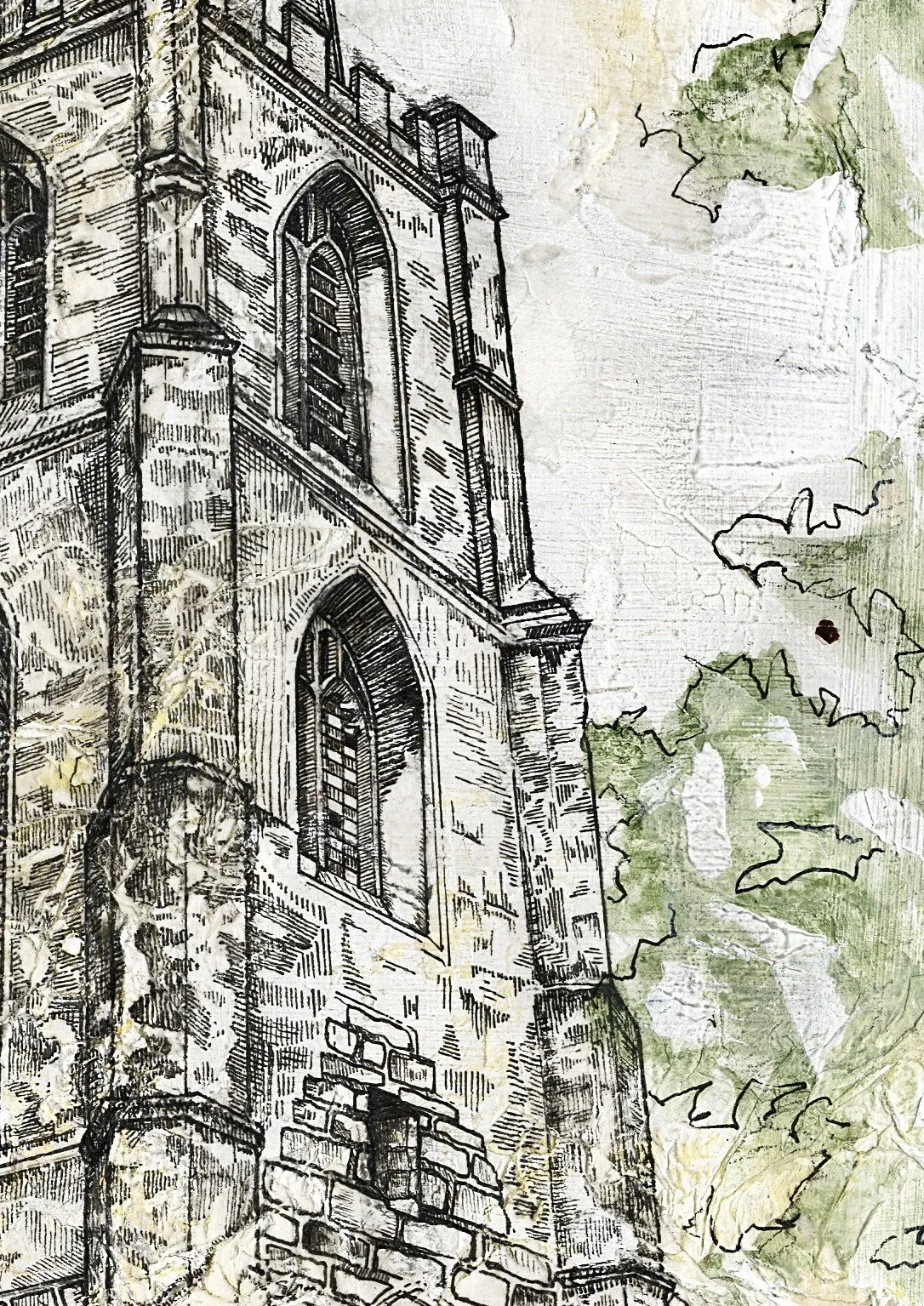 GLOVERS NEEDLE,
2026,
acrylic, pen & ink, tissue paper, pencil on MDF,
(297x420cm)
